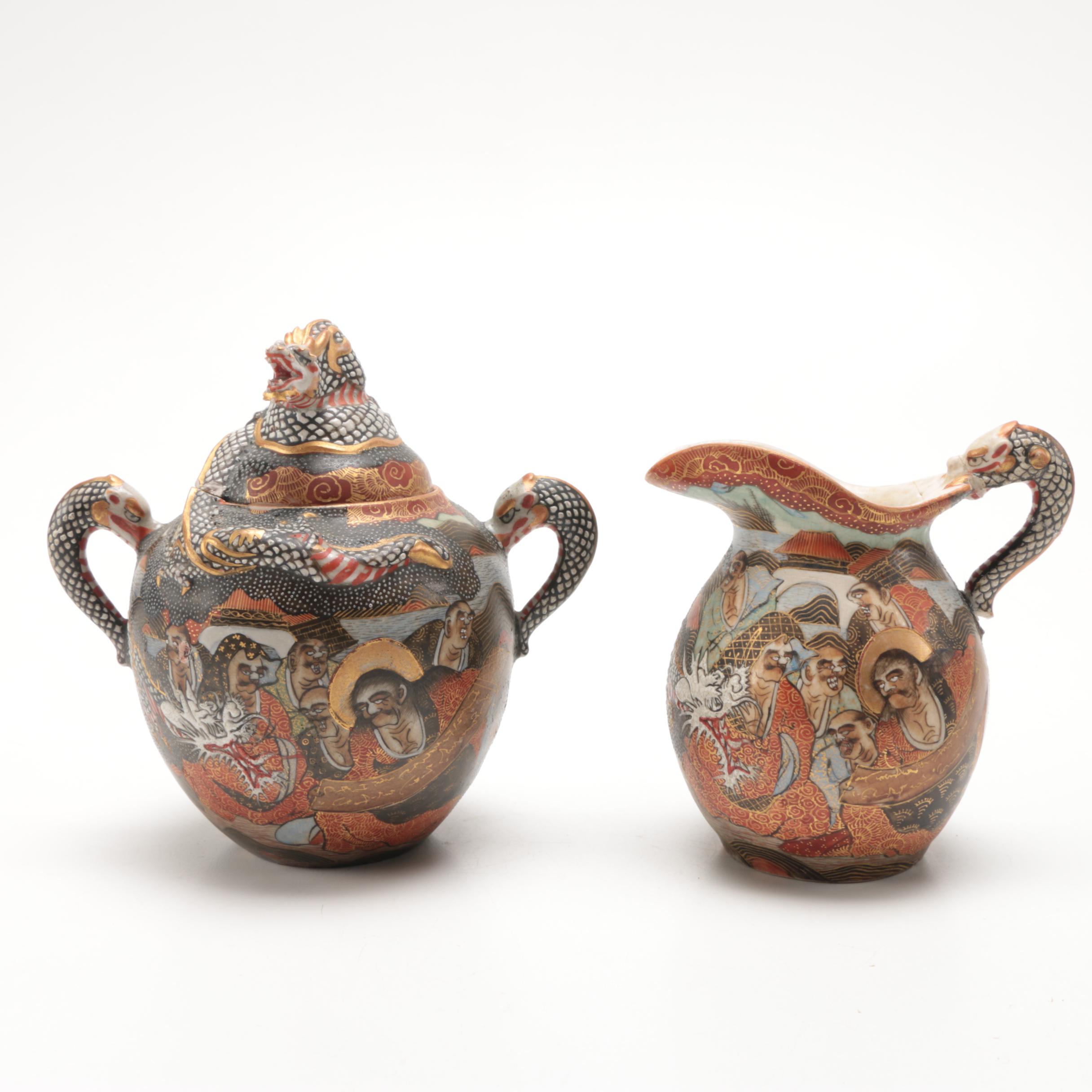 Japanese Satsuma Ware Sugar Bowl and Creamer