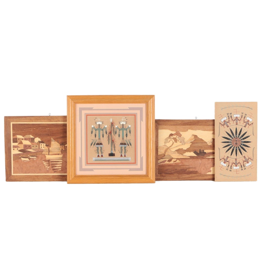 Navajo-Inspired Sand Paintings and Inlaid Wood Landcapes