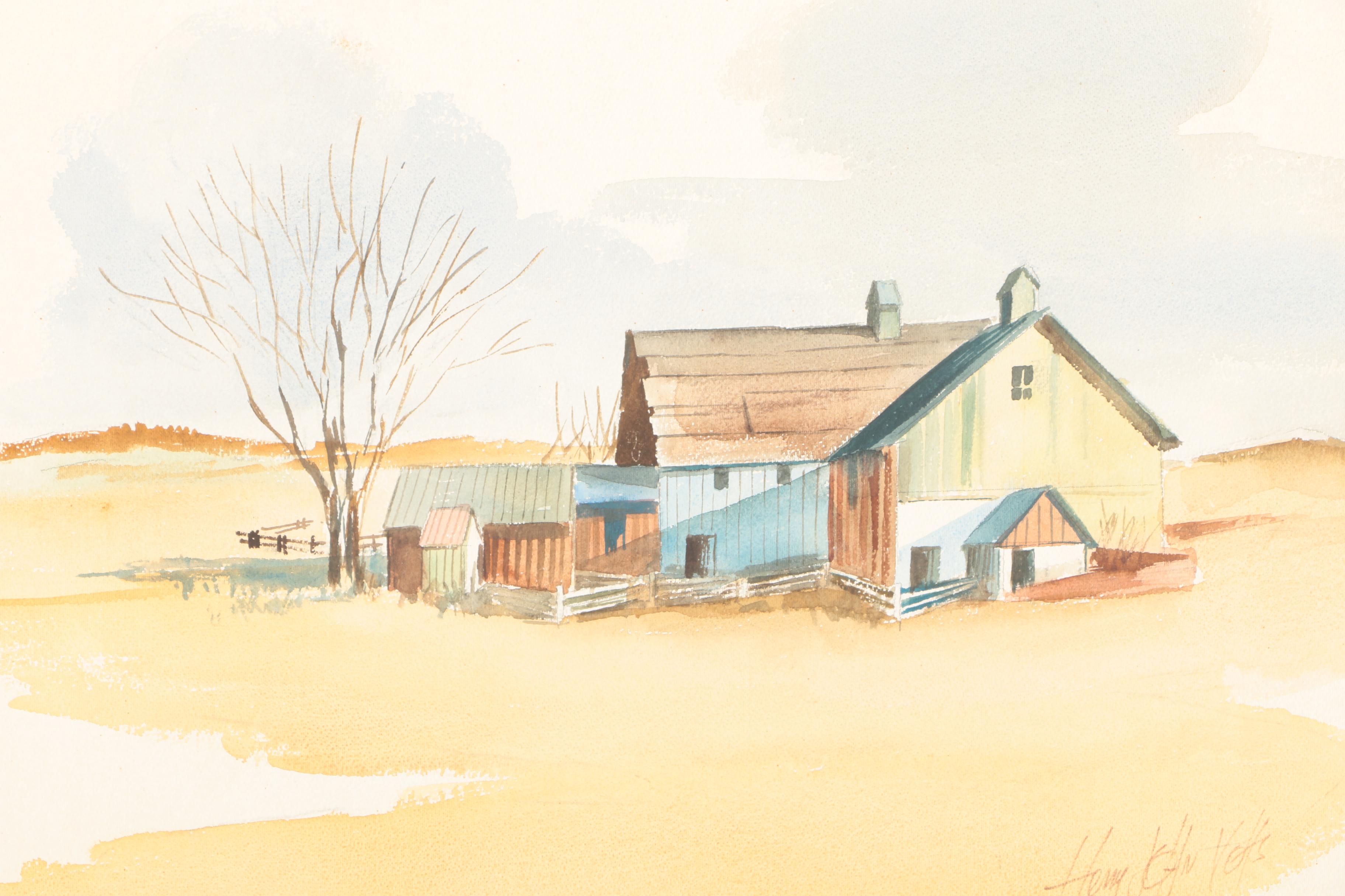 Matted Watercolor Painting of Farmhouse