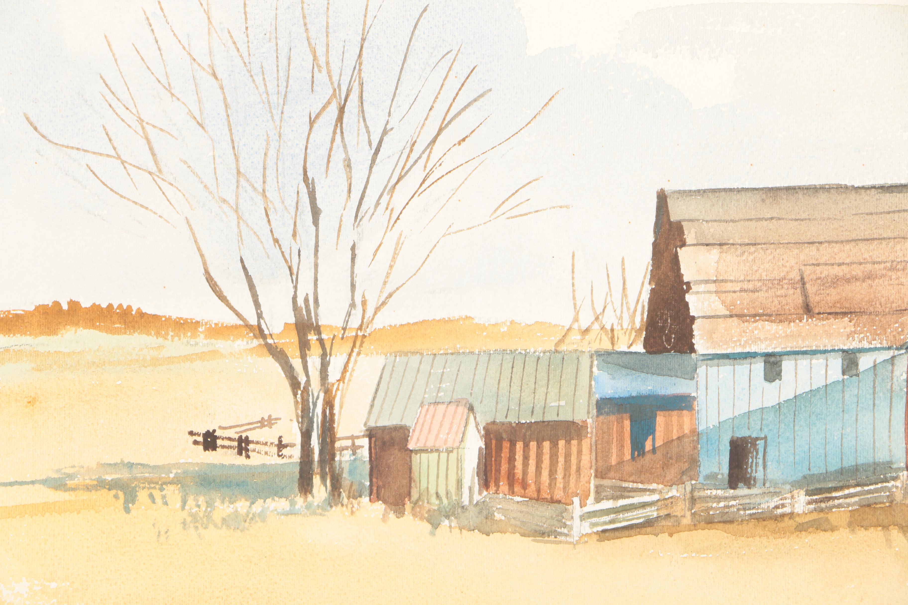 Matted Watercolor Painting of Farmhouse