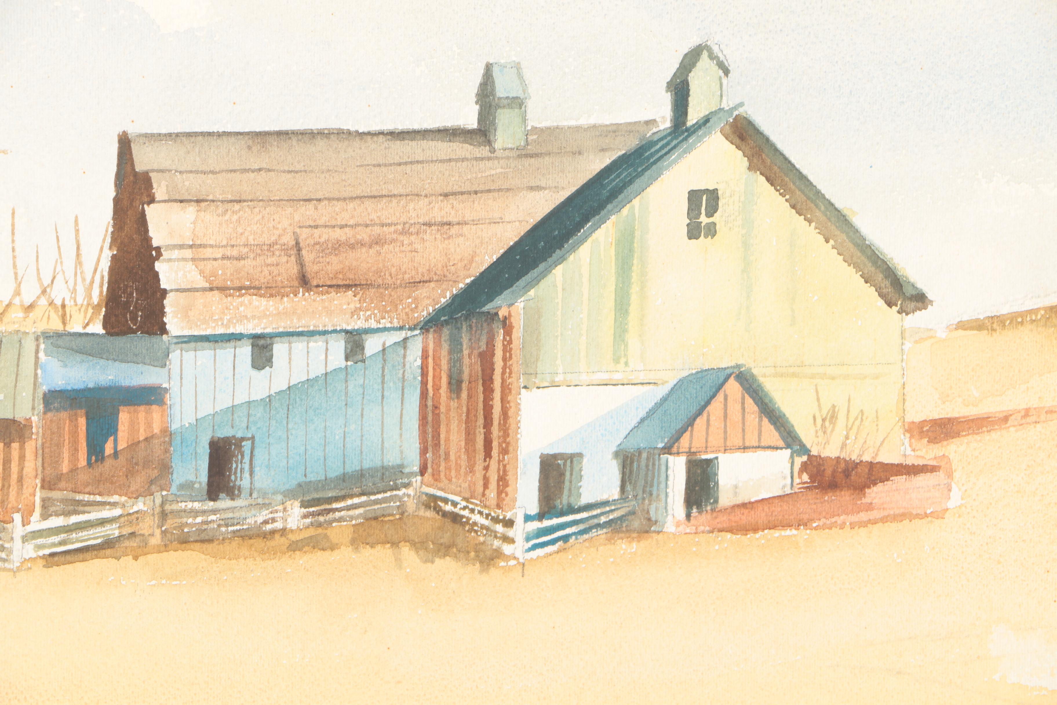 Matted Watercolor Painting of Farmhouse