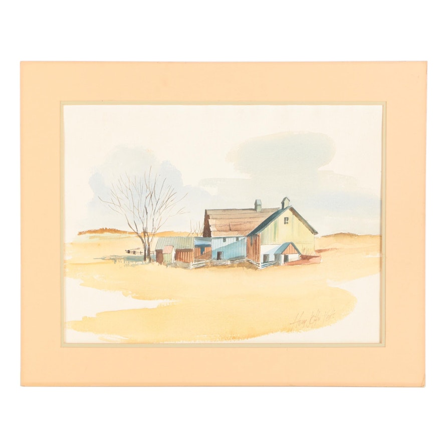 Matted Watercolor Painting of Farmhouse