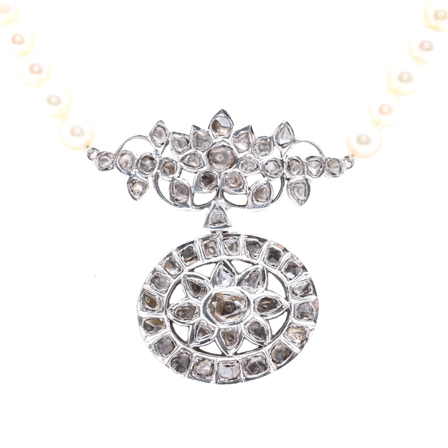 14K White Gold 1.75 CTW Diamond and Cultured Pearl Necklace