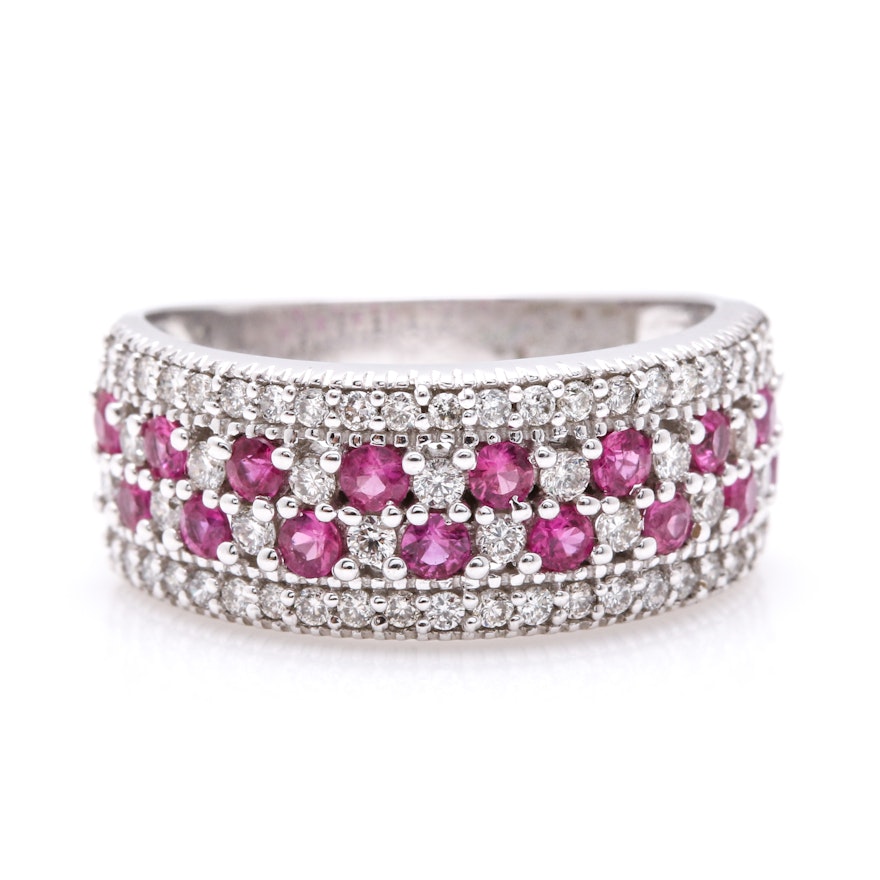 14K White Gold Ruby and Diamond Pave Set Band