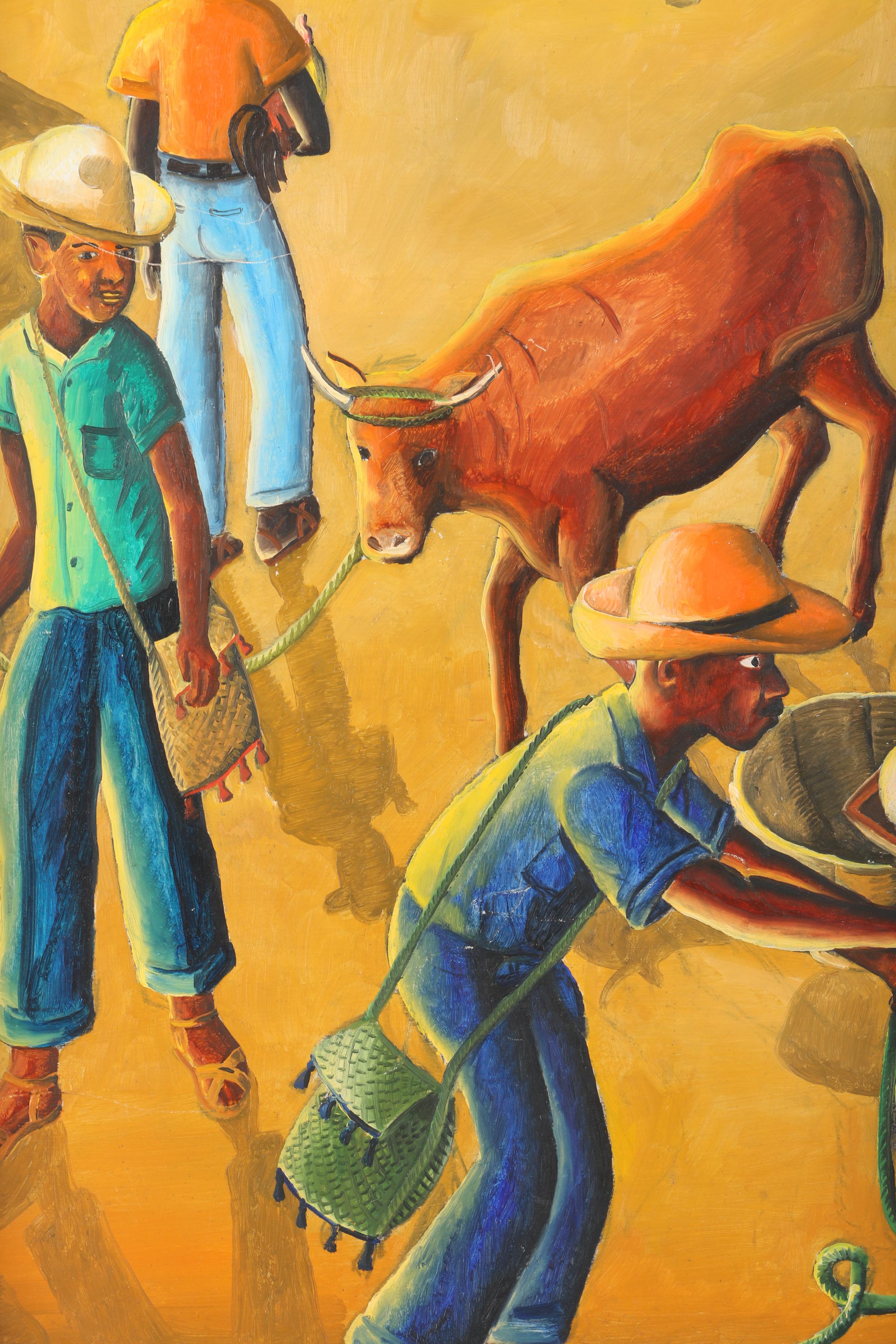 Wilson Bigaud 1960 Oil on Masonite Board of Haitian Market Scene