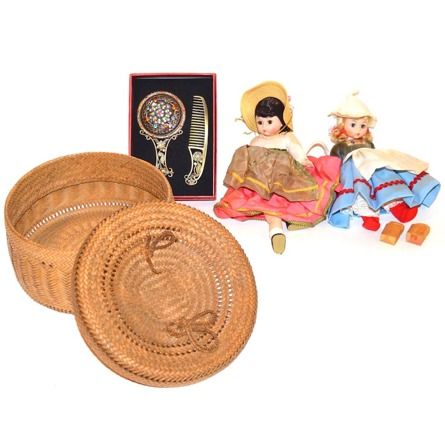 Vintage Madame Alexander Dolls, Woven Basket and Grooming Set