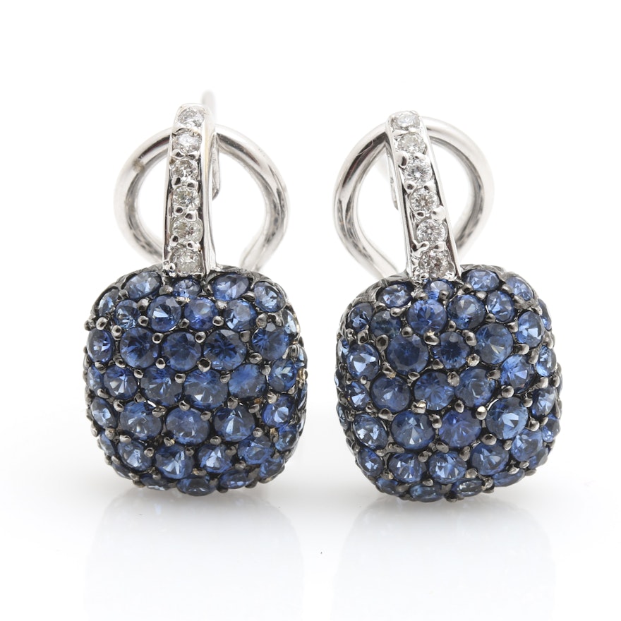 18K White Gold Blue Sapphire and Diamond Earrings