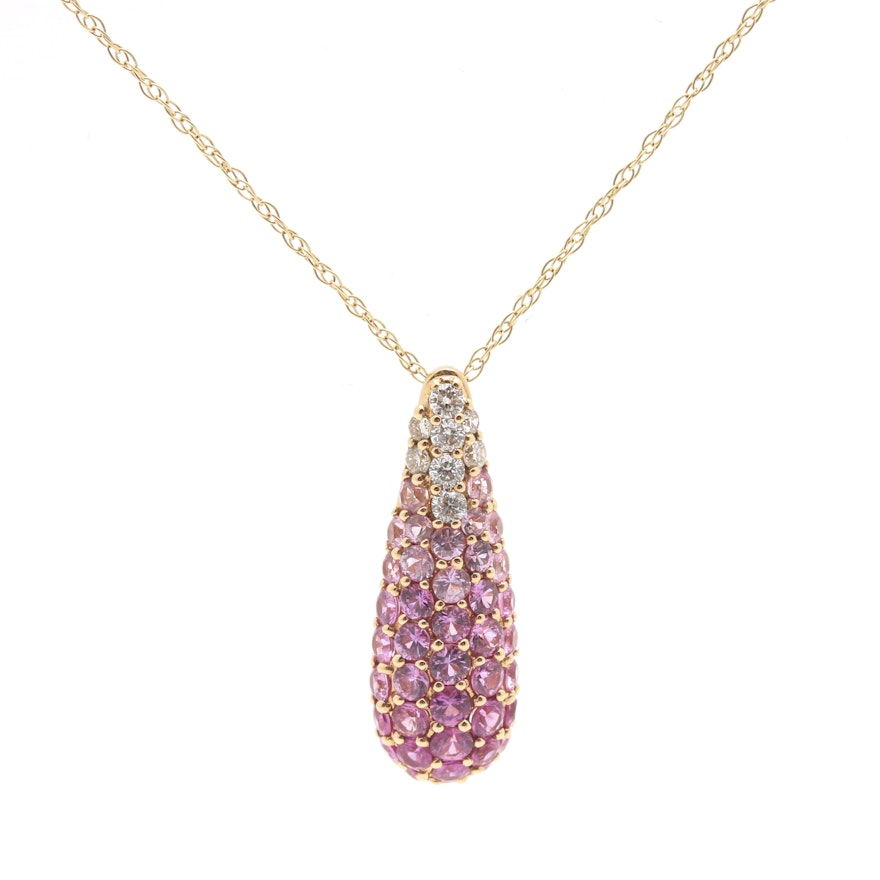 14K Yellow Gold Chain and 18K Yellow Gold Pink Sapphire and Diamond Pendant