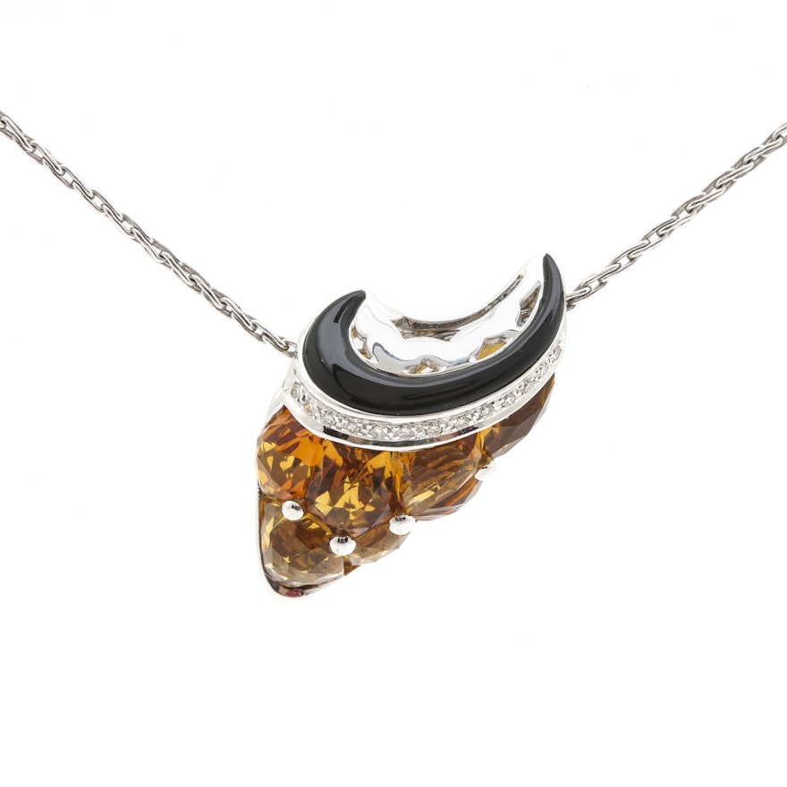 18K White Gold Citrine and Diamond Pendant with 14K Necklace.