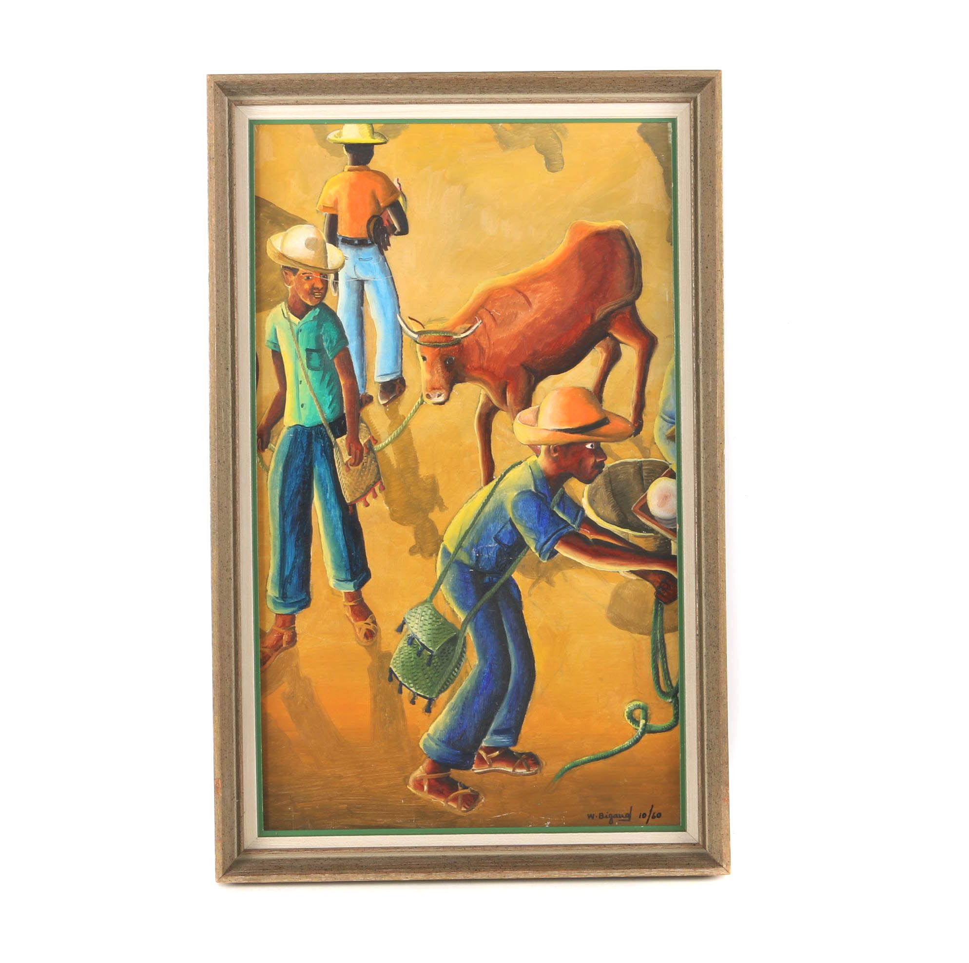 Wilson Bigaud 1960 Oil on Masonite Board of Haitian Market Scene