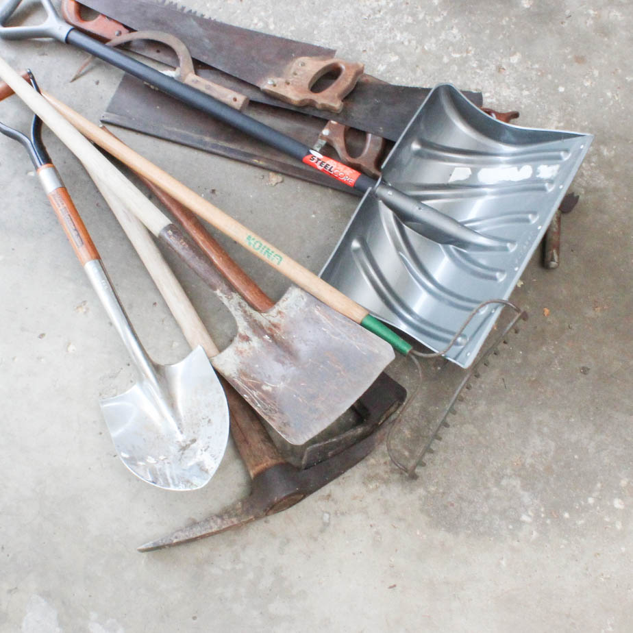 Garden Tools , Vintage 2 Hand Saw and Umbrella