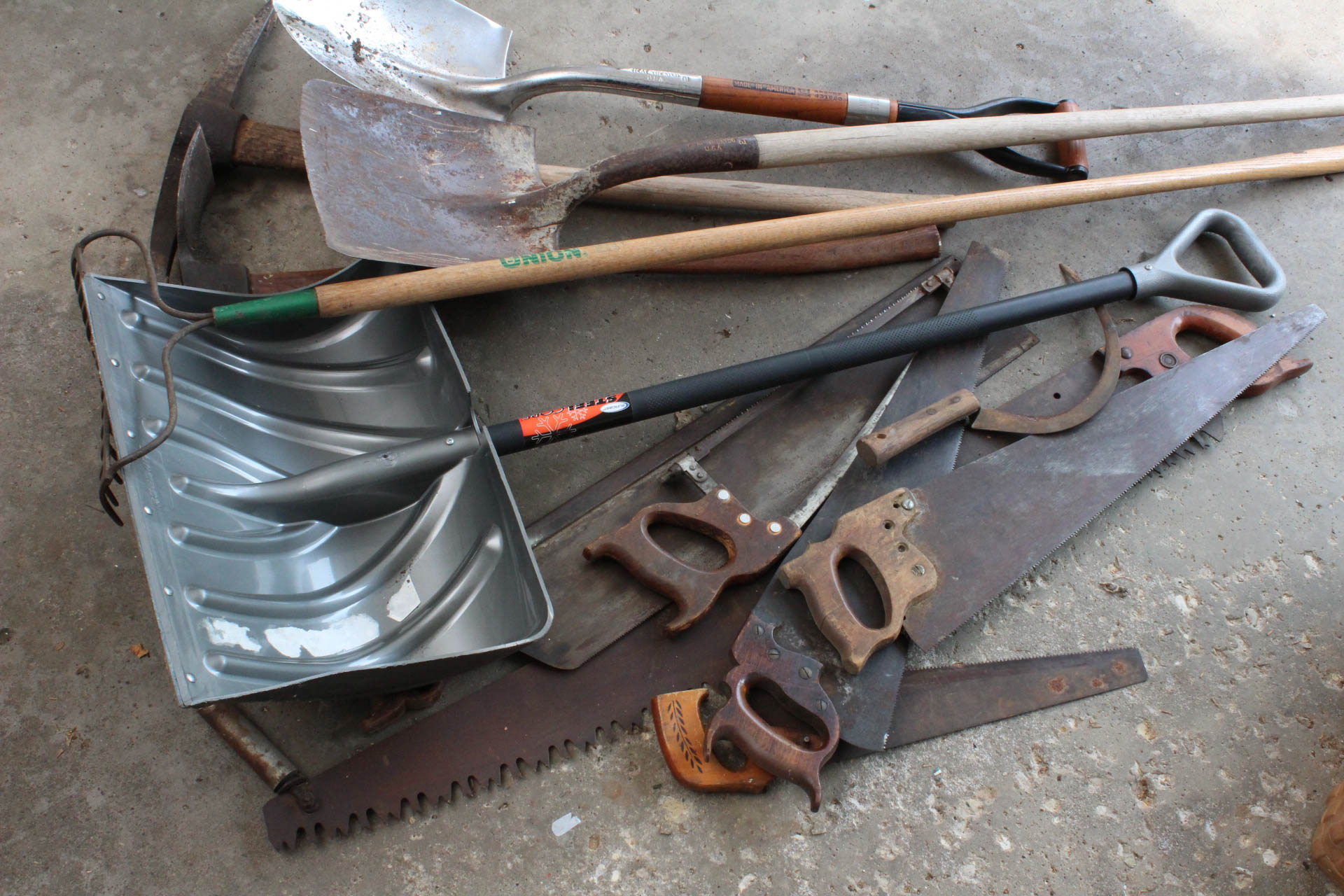 Garden Tools , Vintage 2 Hand Saw and Umbrella