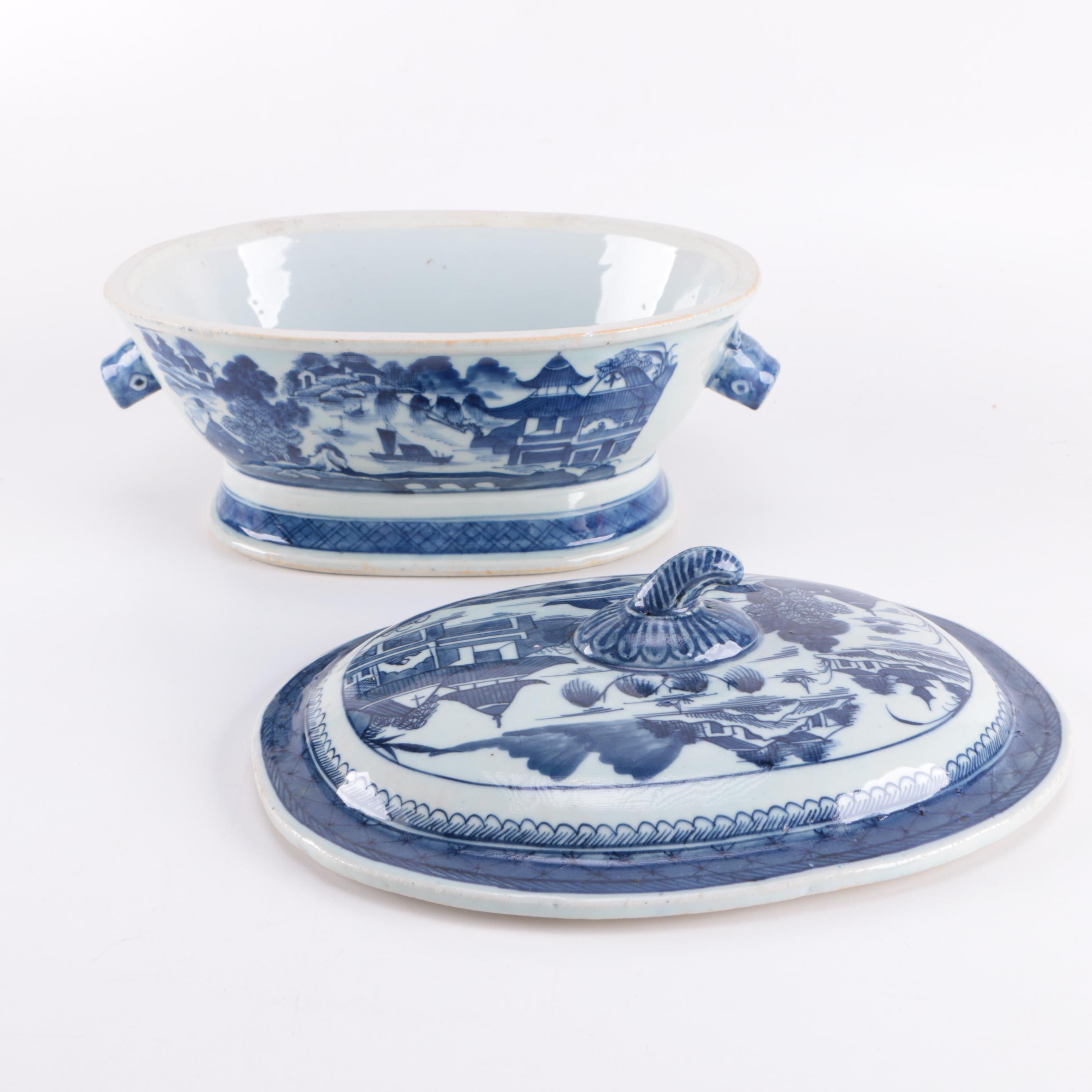 Canton Style Blue Boars Head Soup Tureen