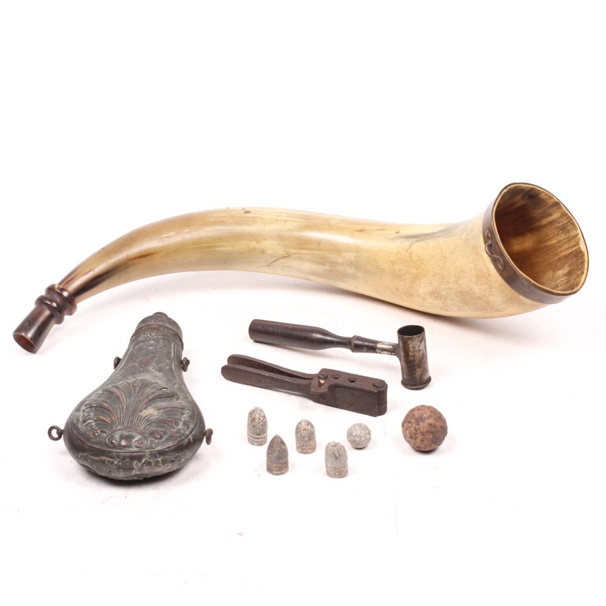 Civil War Bullets, Musket Balls, Powder Horn, Flask and Bullet Mold