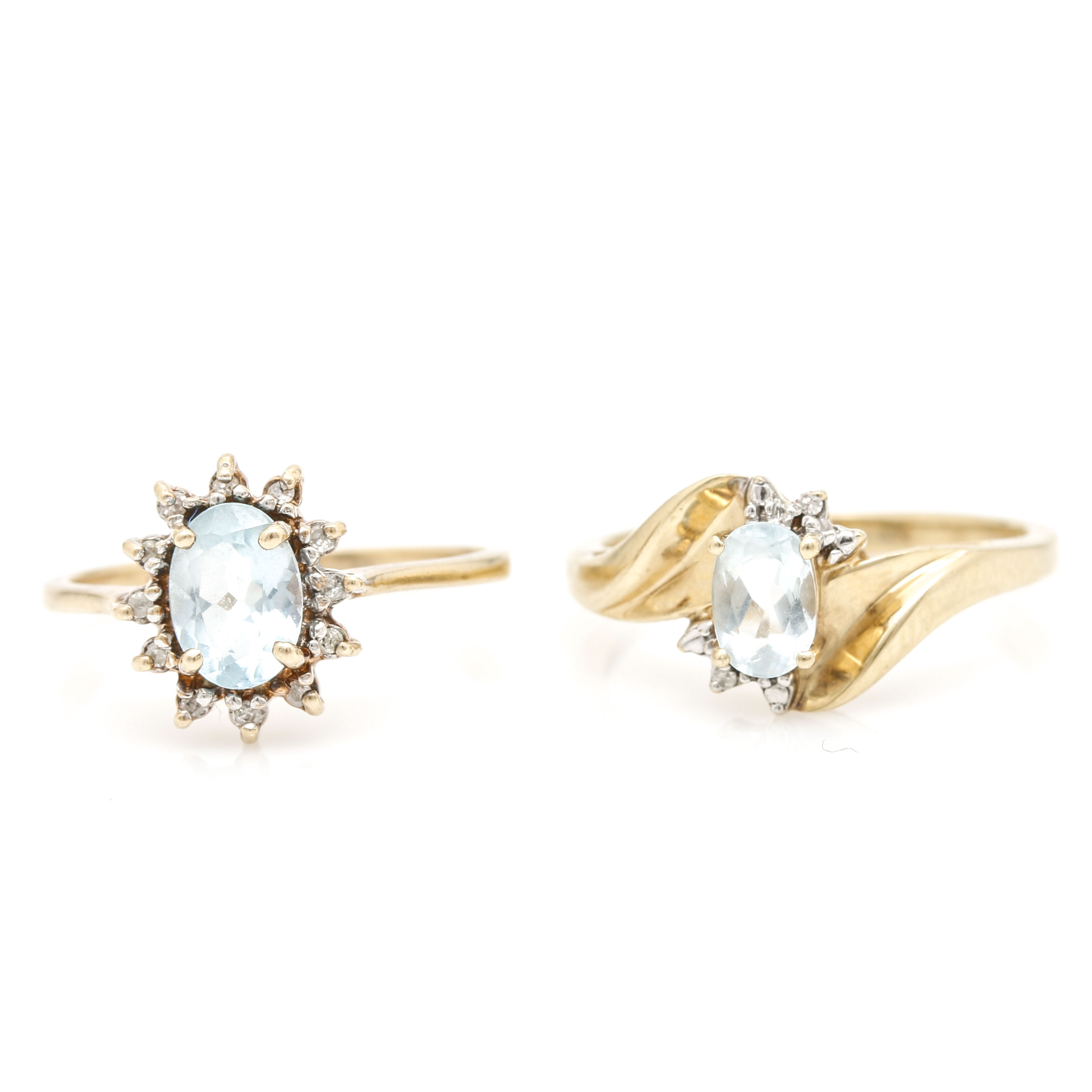 10K Yellow Gold Rings Featuring Aquamarine, Blue Topaz, and Diamonds