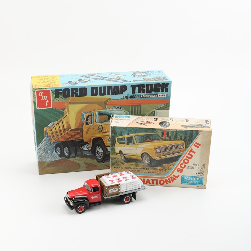 AMT "Ford Dump Truck" and Ertl "International Scout II" and 1951 "Ford F-6 Flatbed" with Burlap Sacks