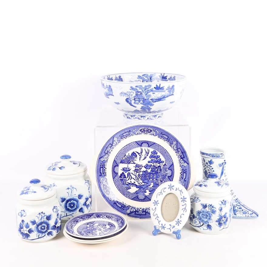 Blue and White Chinese Inspired Ceramics Including Willow Ware