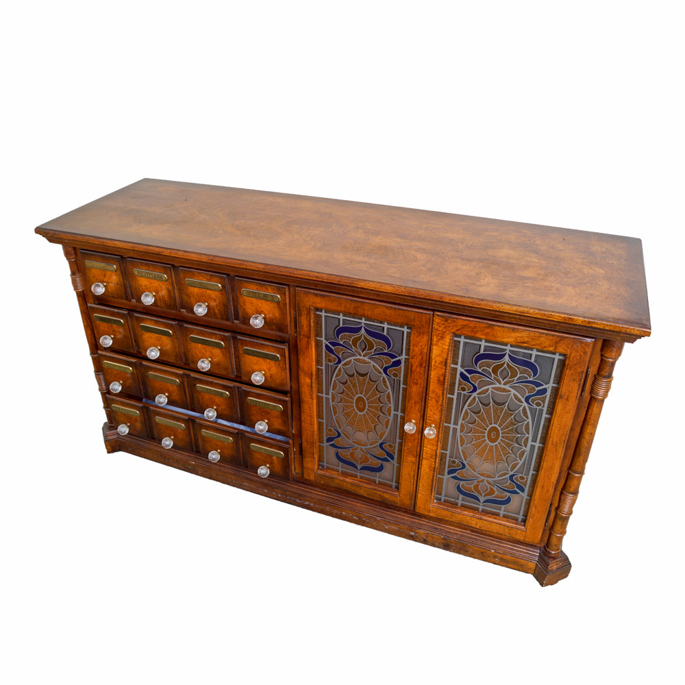 Apothecary-Style Wood Dresser with Faux Stained Glass Cabinet