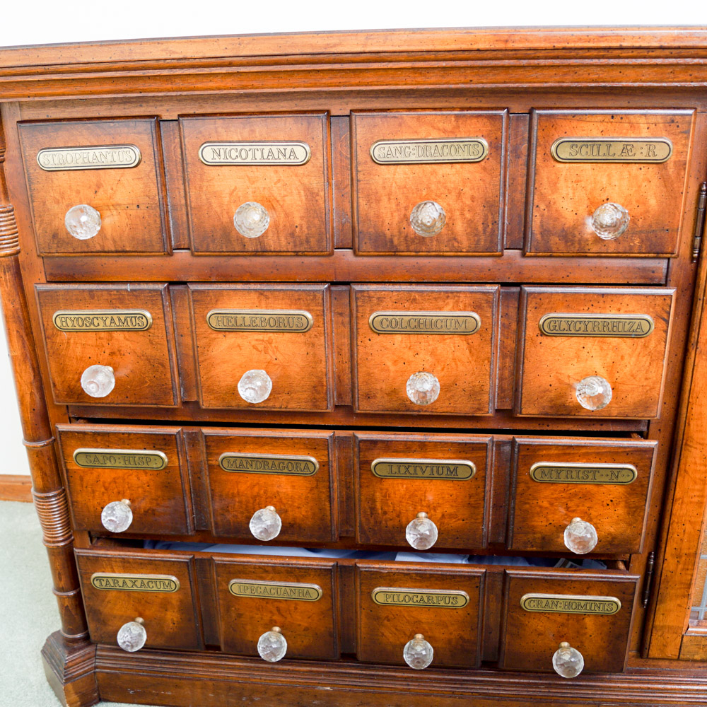 Apothecary-Style Wood Dresser with Faux Stained Glass Cabinet