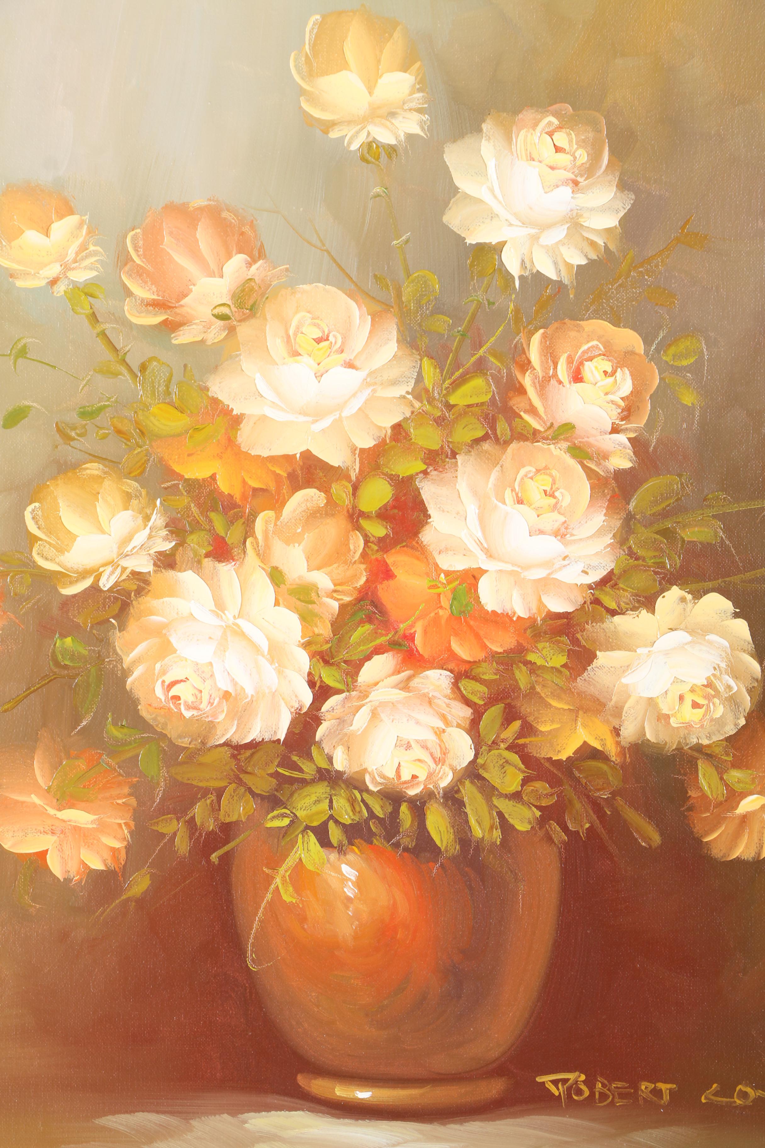 Robert Cox Oil  Painting on Canvas of White Garden Roses