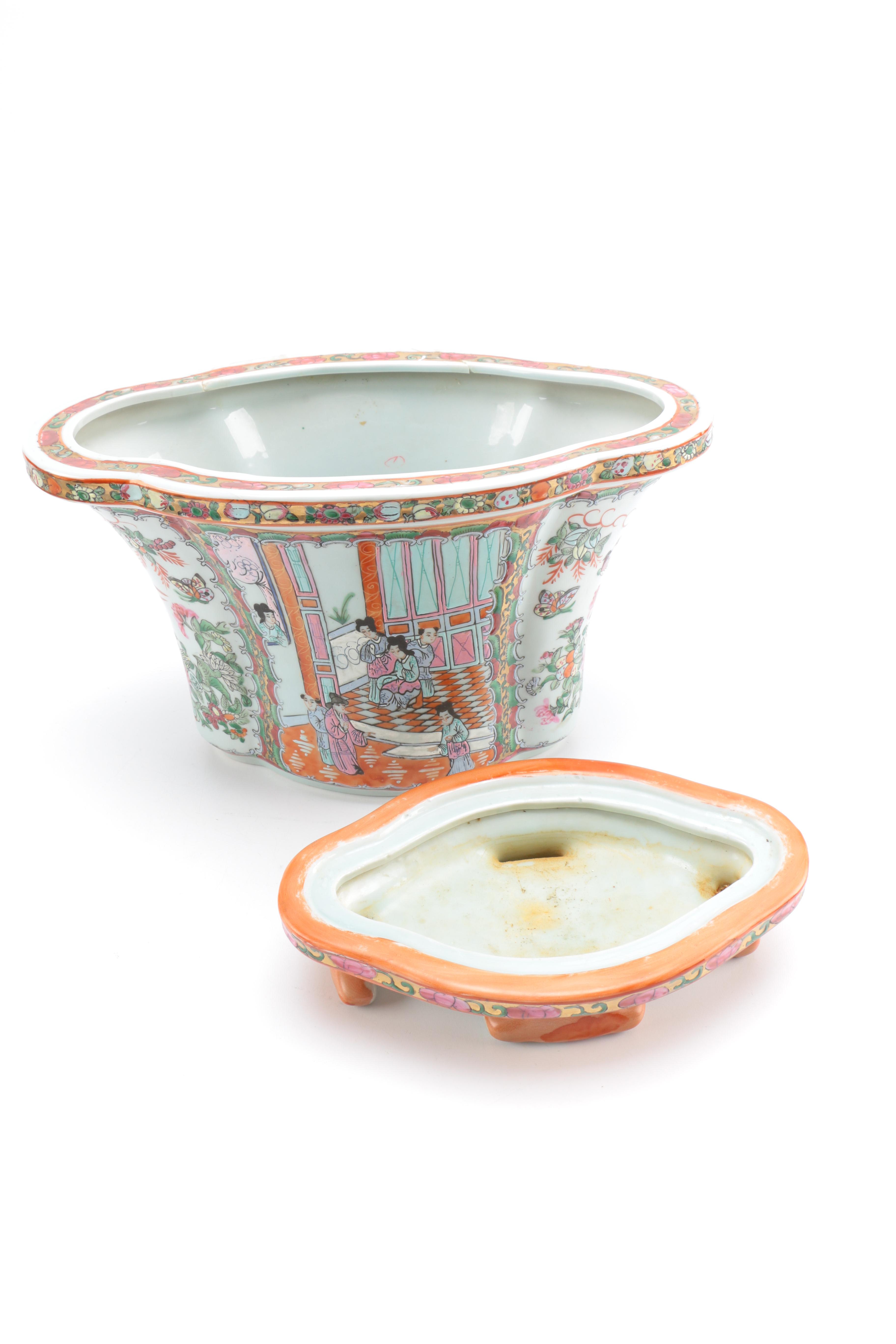 Chinese Rose Medallion Ceramic Planter and Base