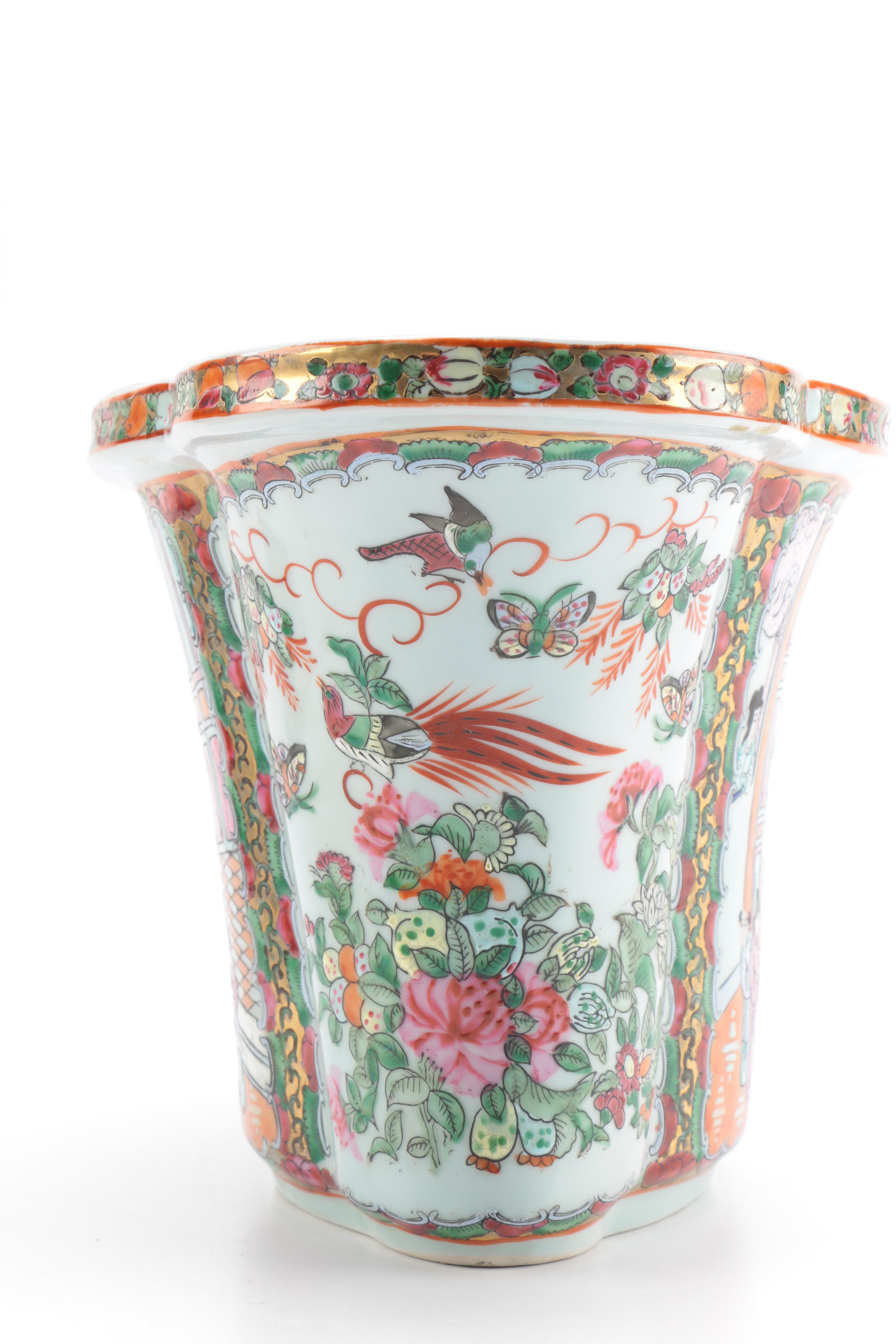 Chinese Rose Medallion Ceramic Planter and Base