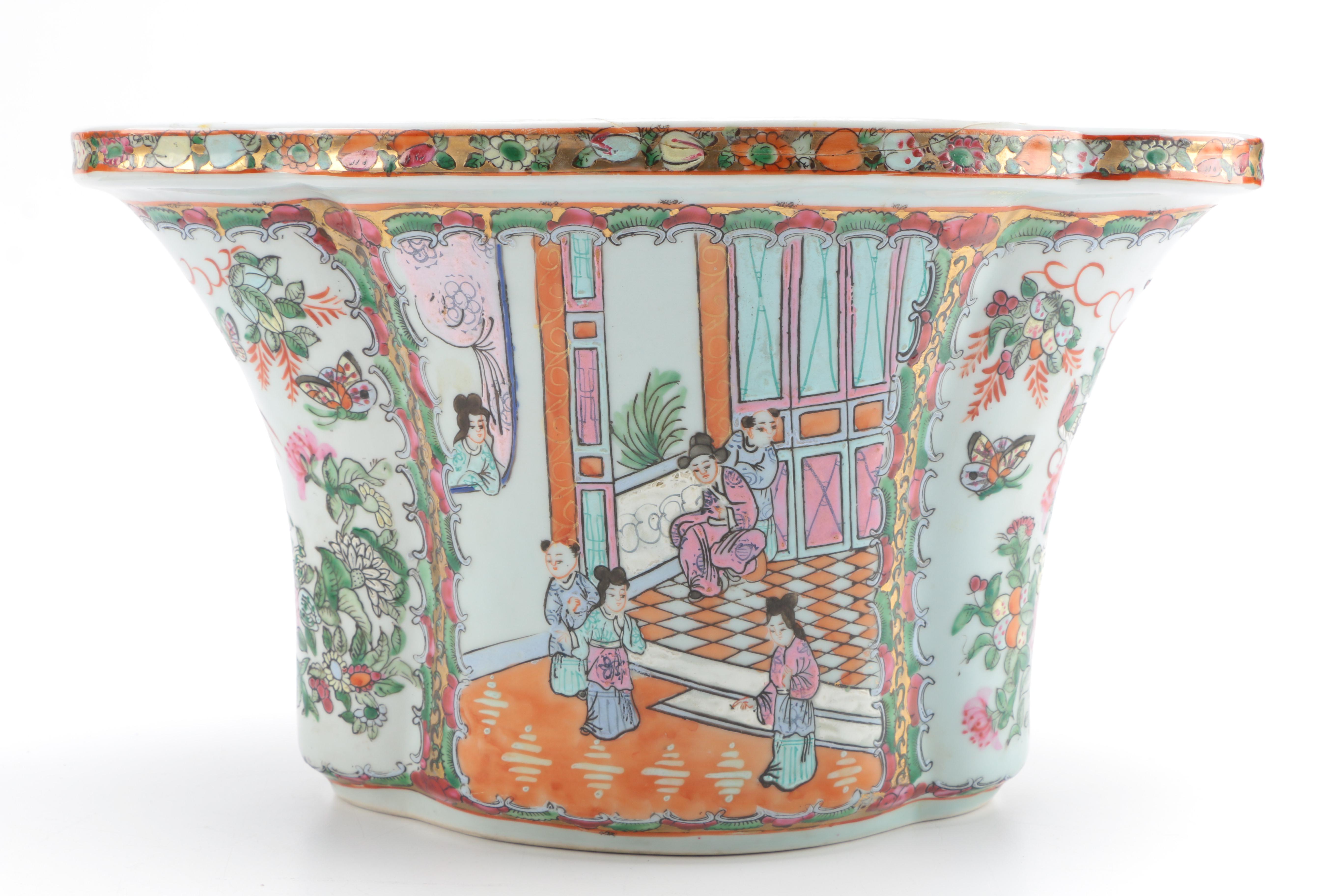 Chinese Rose Medallion Ceramic Planter and Base