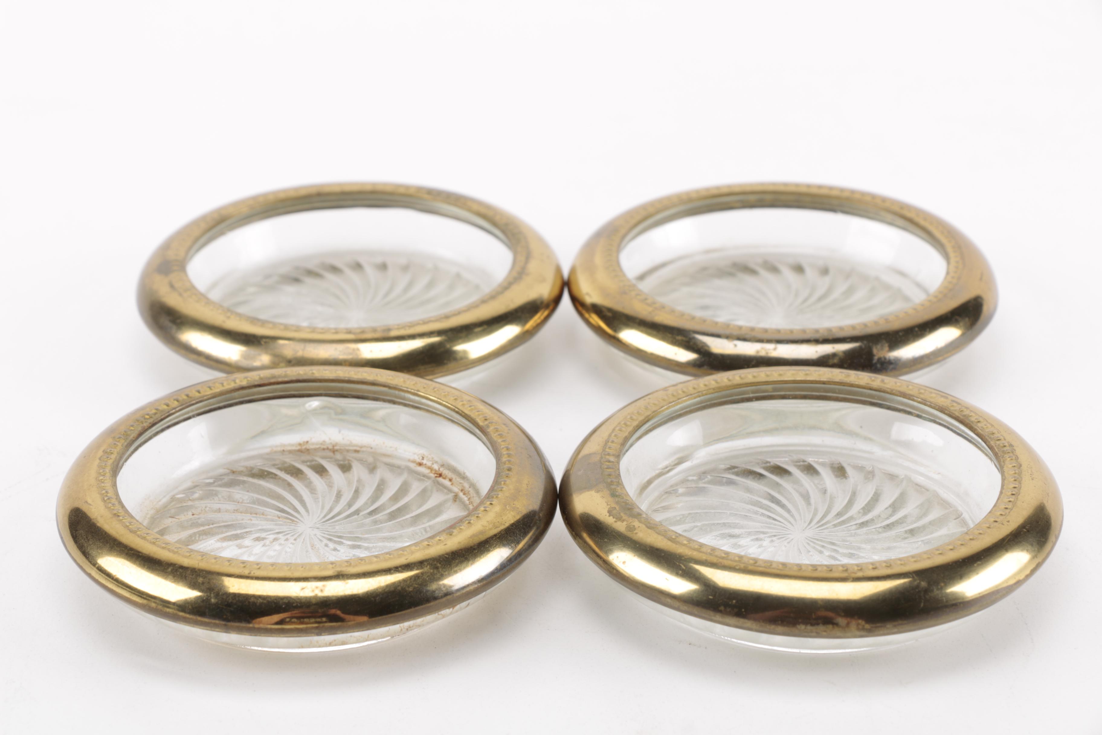 Set of Four Gold Tone Metal Accented Glass Coasters