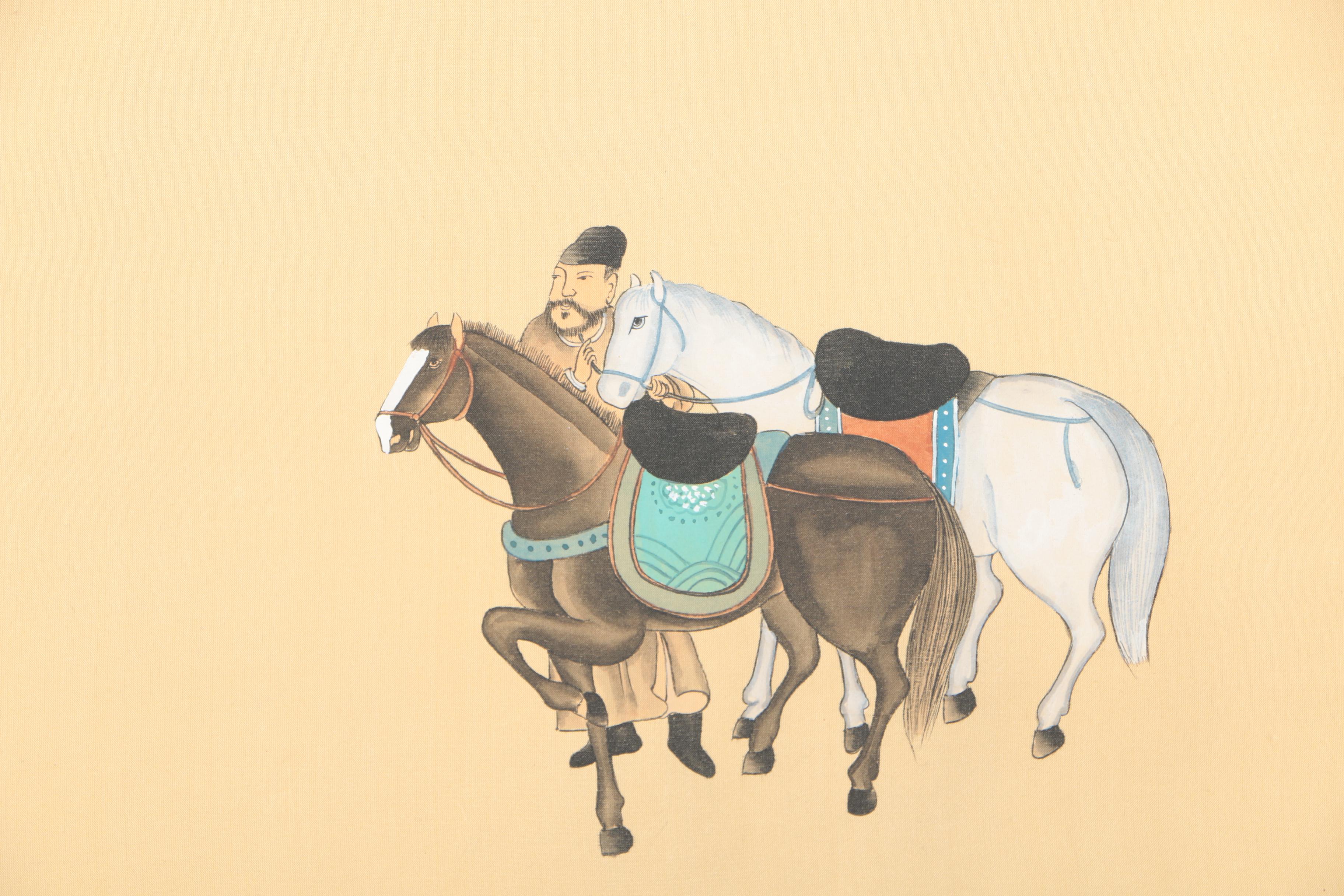 Chinese Watercolor Paintings on Silk of Men With Horses