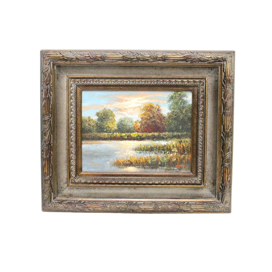 Leroy Impasto Oil Painting on Canvas of Tree-Lined Lake