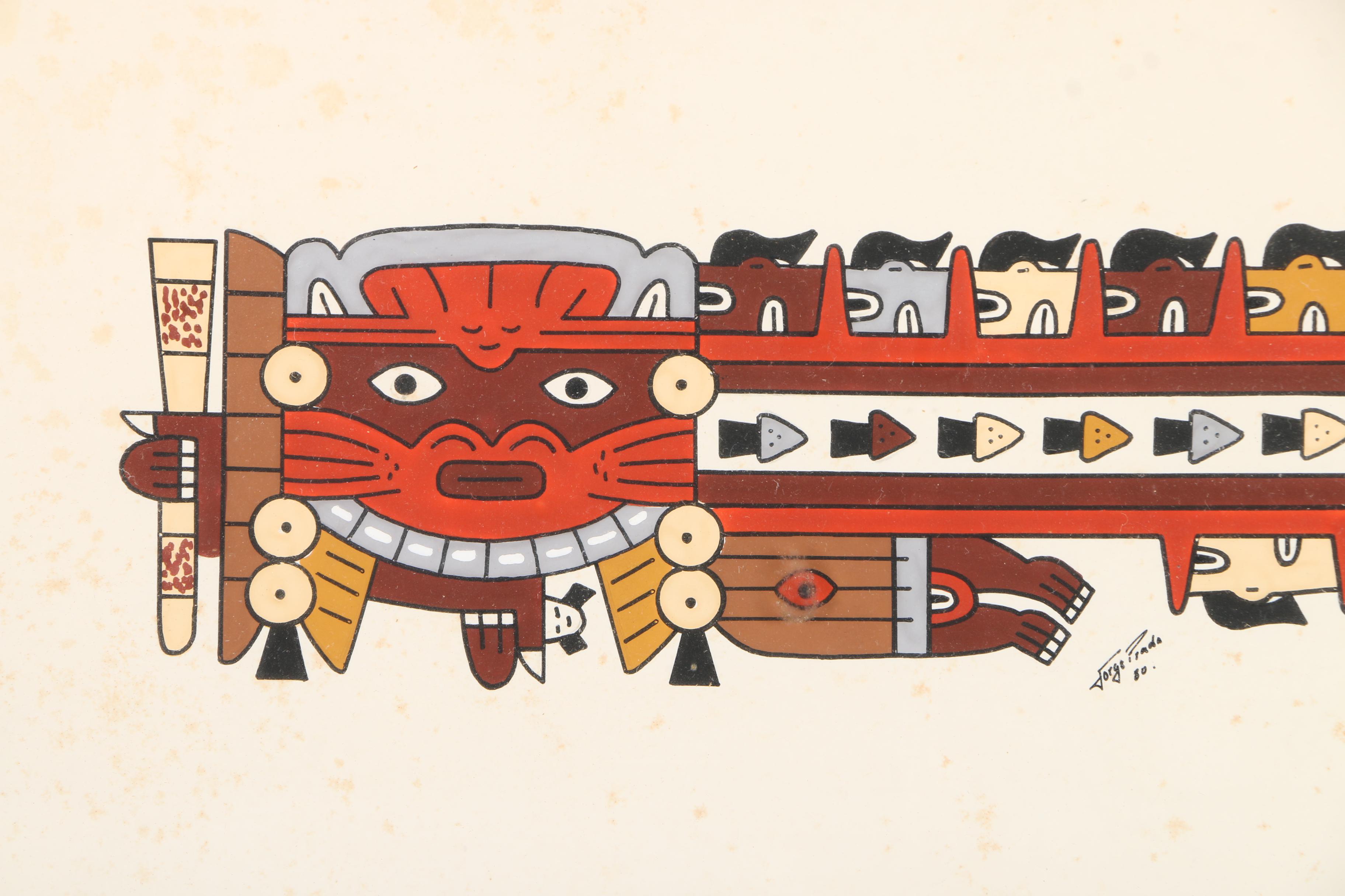 Jorge Prada Gouache Paintings on Paper of Central American Style Compositions