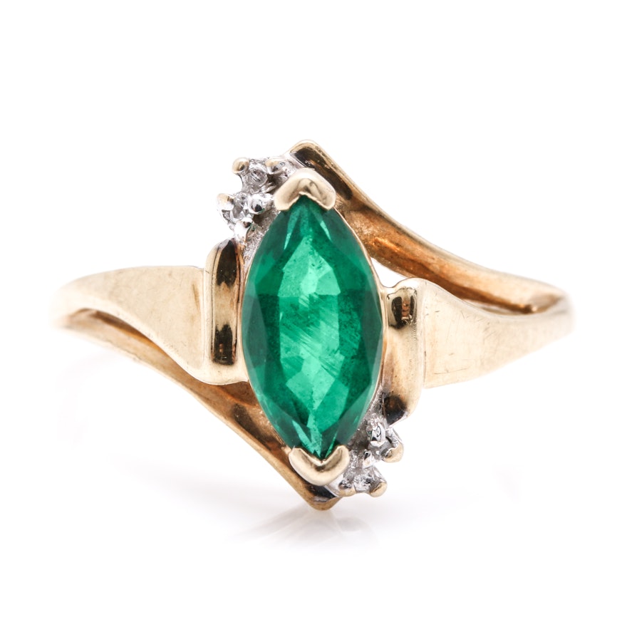 10K Yellow Gold Diamond and Marquise Emerald Ring