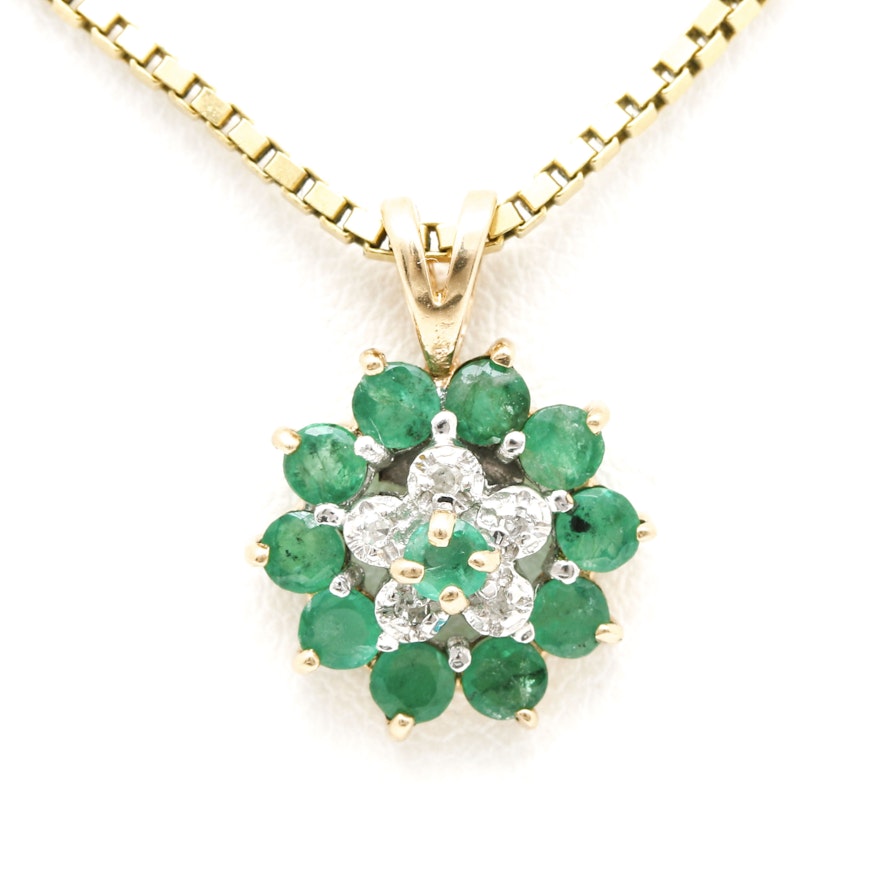 10K Yellow Gold Emerald and Diamond Floral Pendant and Gold Tone Necklace