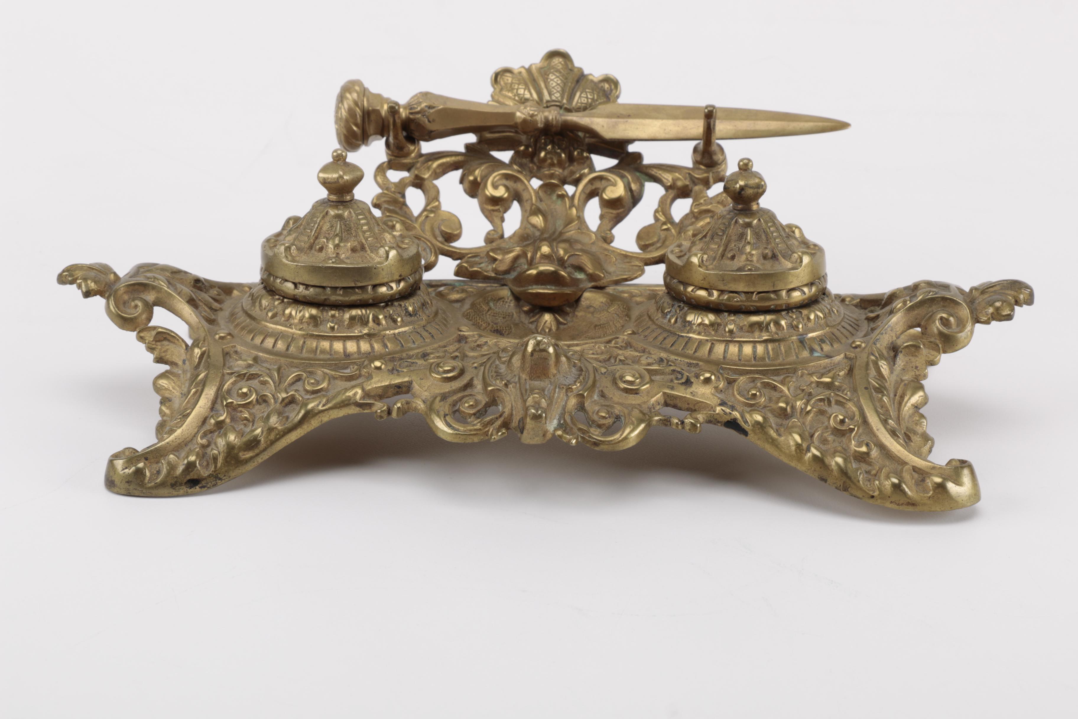 Brass Double Inkwell With Letter Opener