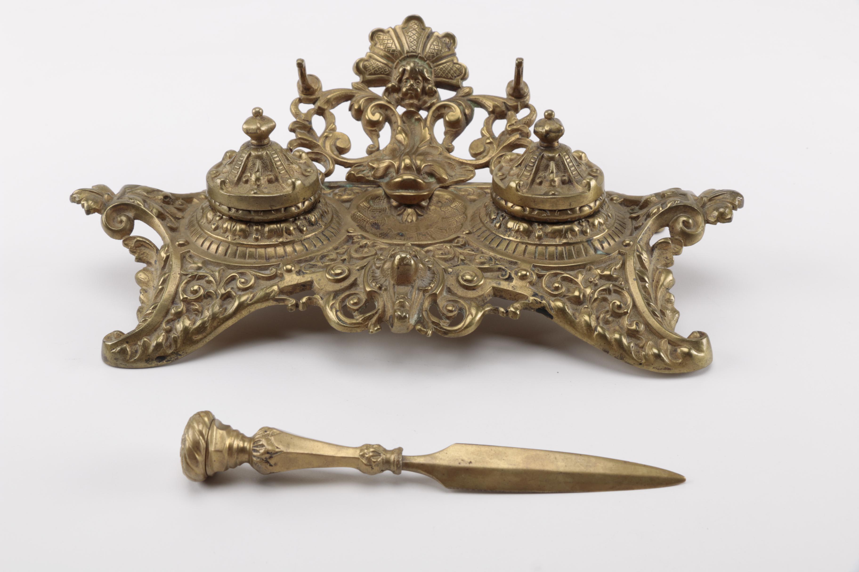 Brass Double Inkwell With Letter Opener