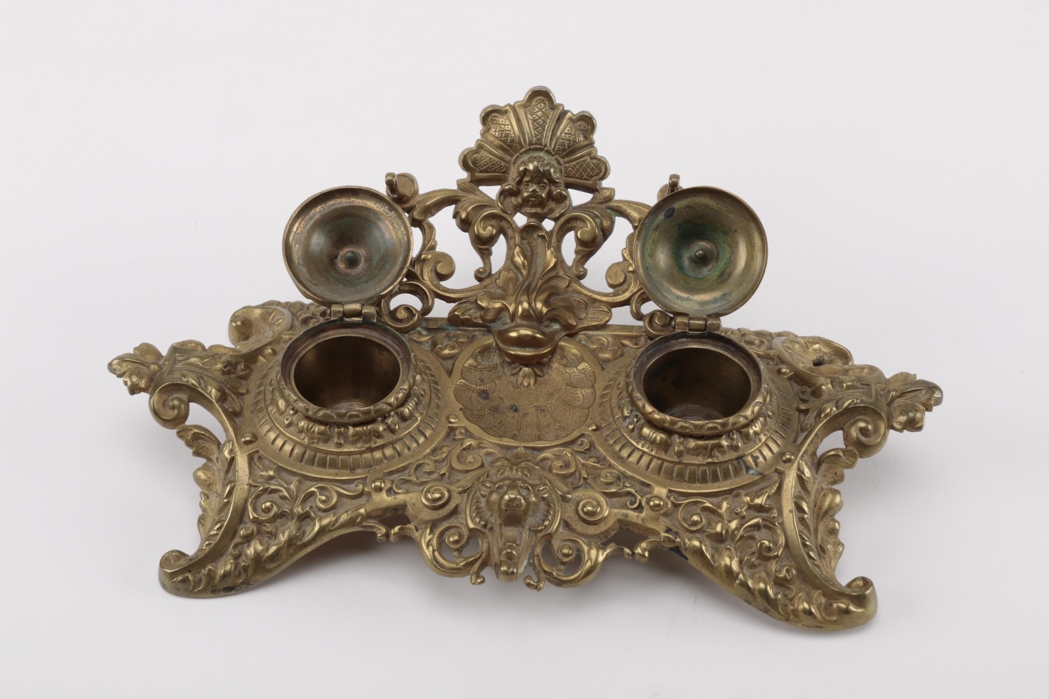 Brass Double Inkwell With Letter Opener