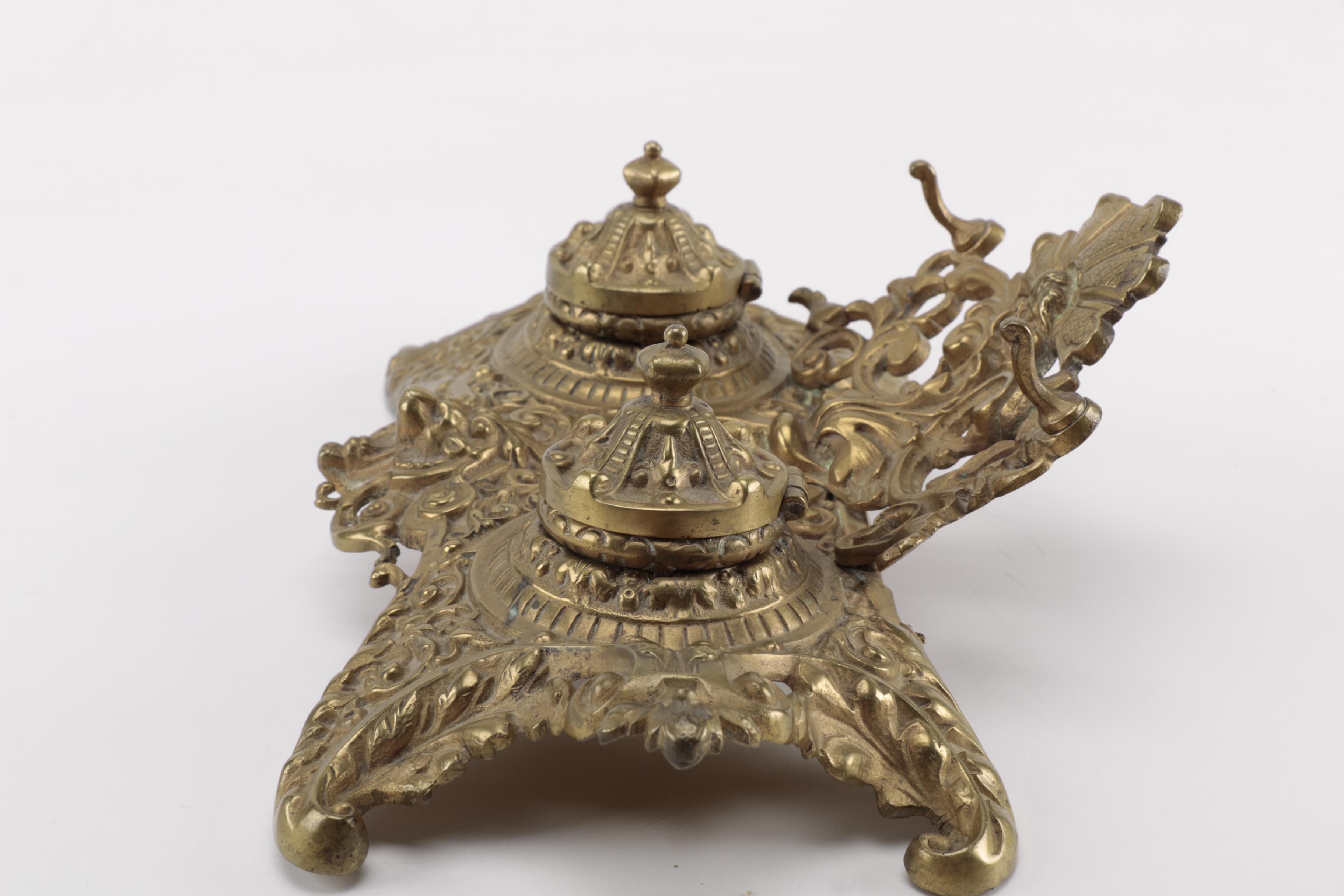 Brass Double Inkwell With Letter Opener