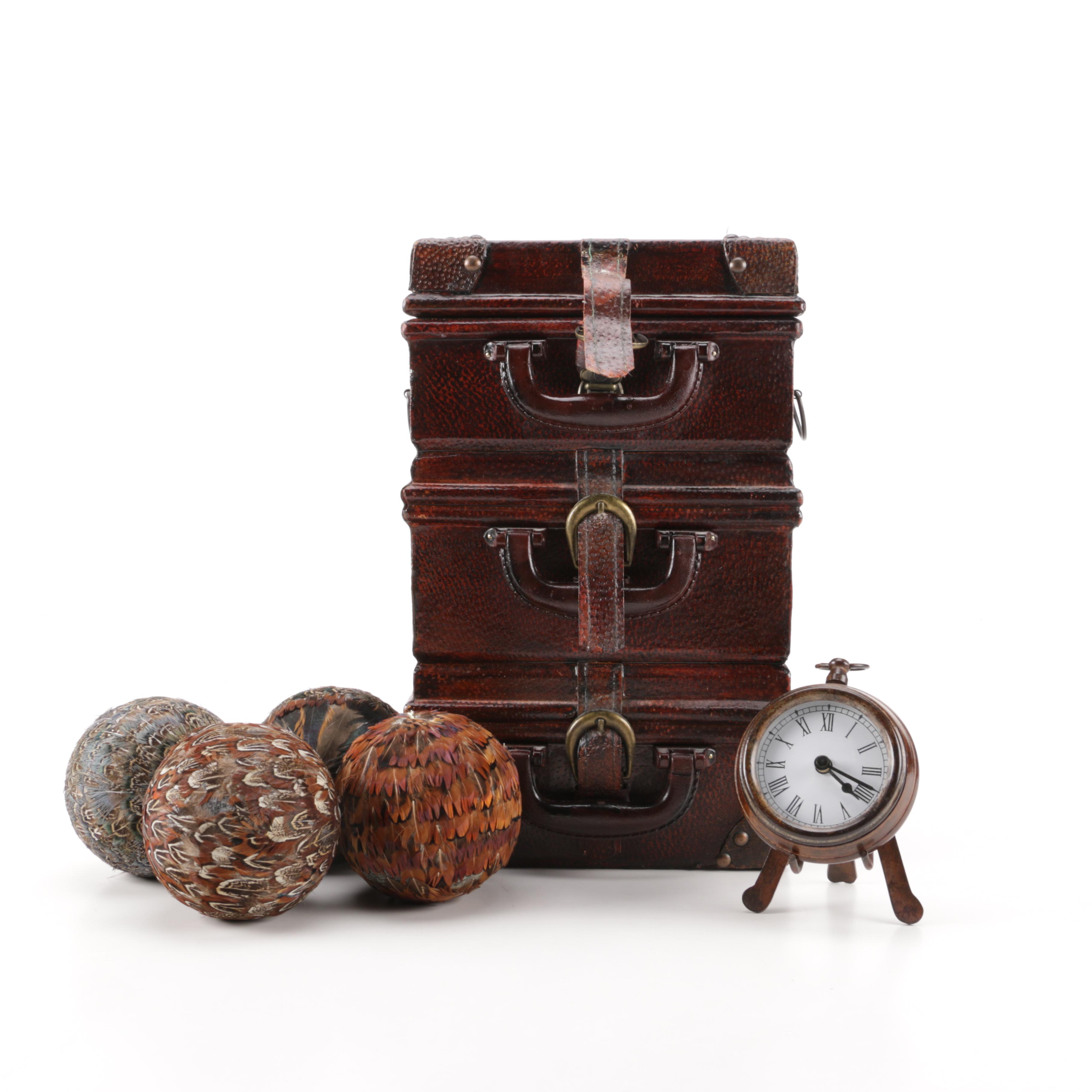 Luggage-Style Box, Pocket Watch Desk Clock, and Decorative Feather Spheres