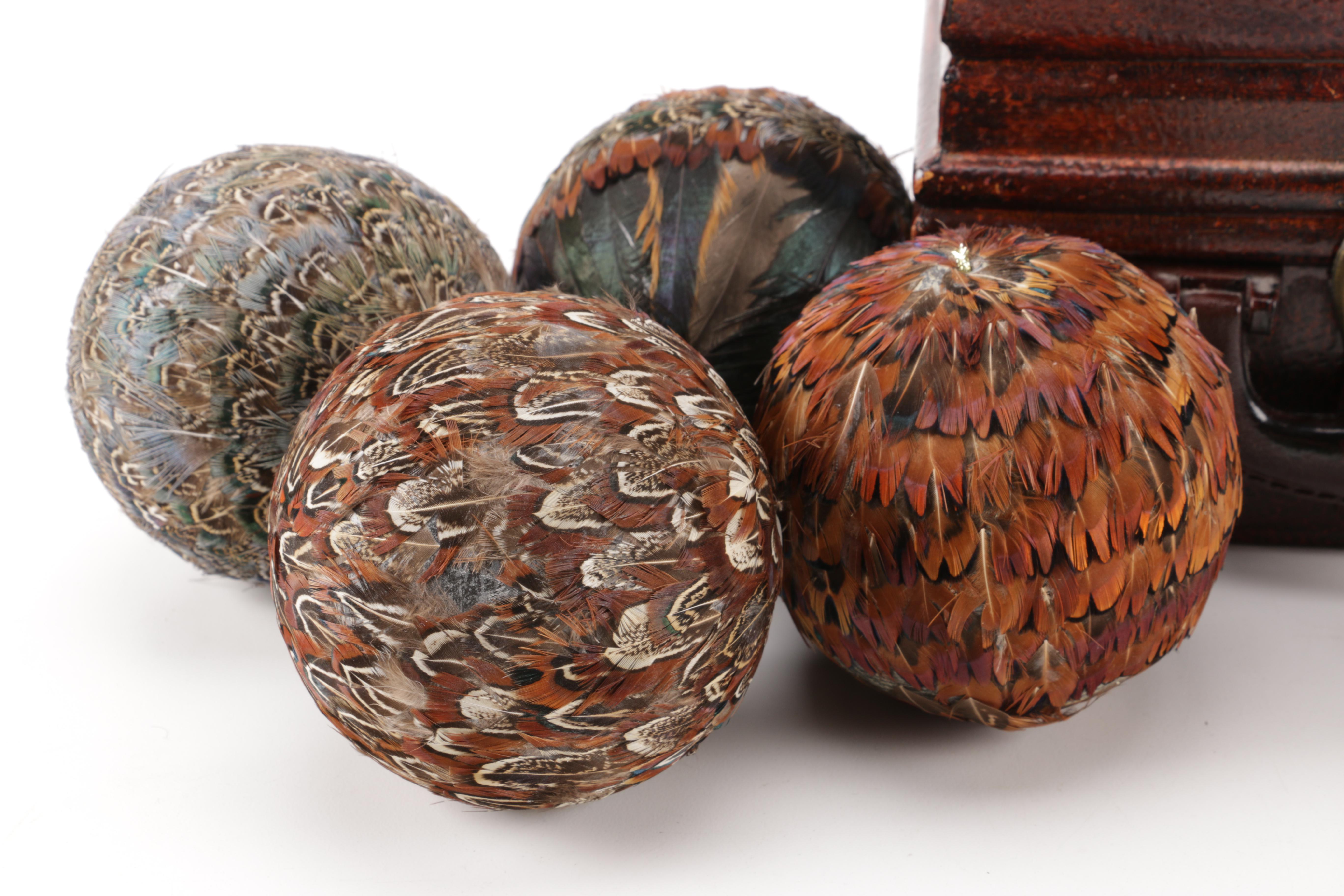 Luggage-Style Box, Pocket Watch Desk Clock, and Decorative Feather Spheres