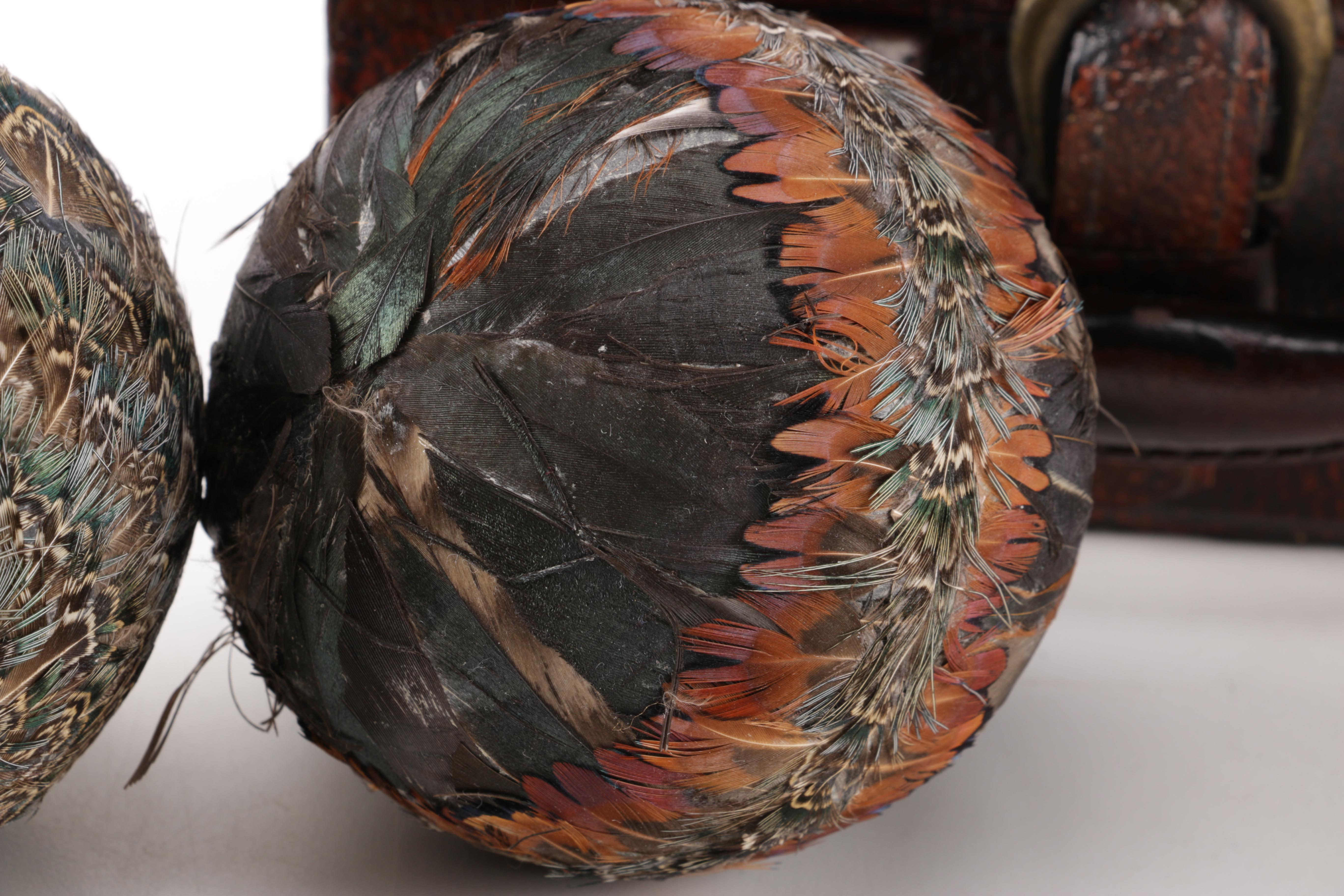 Luggage-Style Box, Pocket Watch Desk Clock, and Decorative Feather Spheres