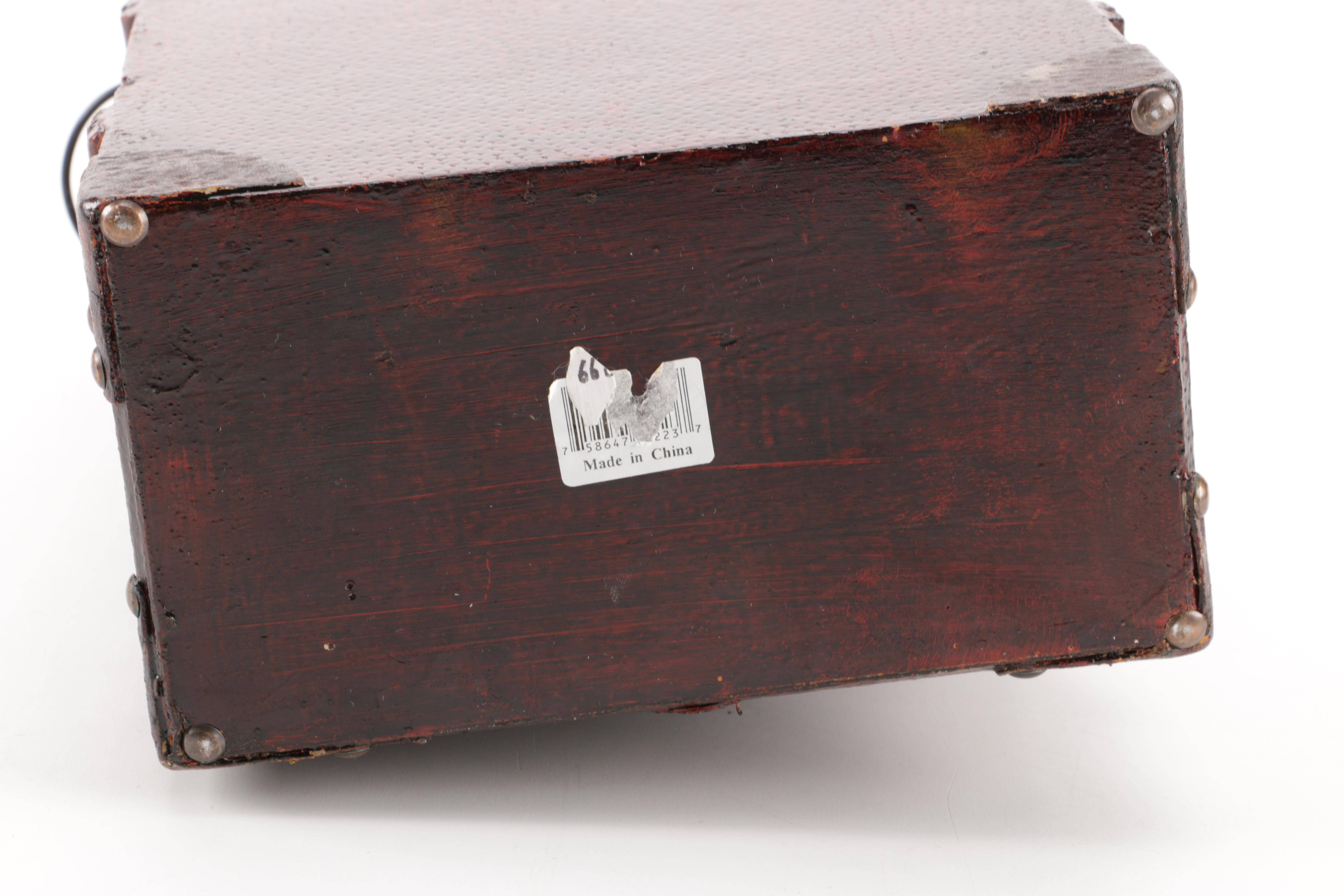 Luggage-Style Box, Pocket Watch Desk Clock, and Decorative Feather Spheres