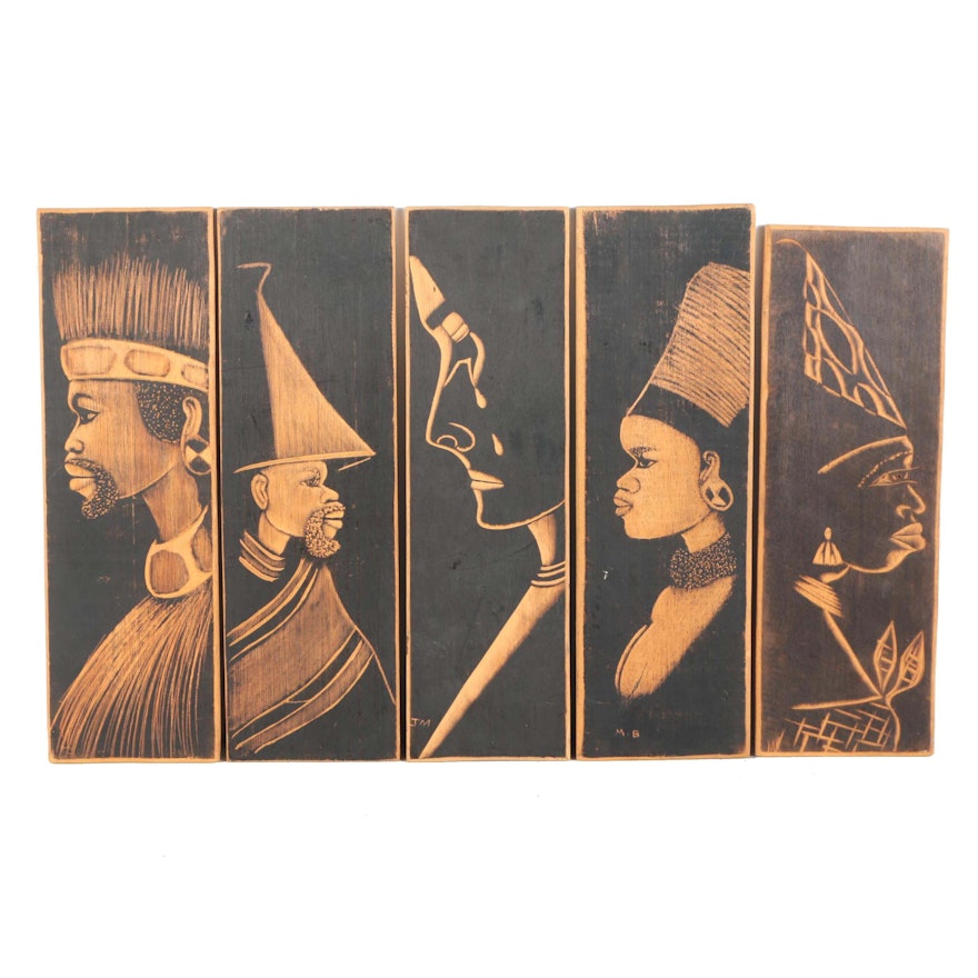 Collection of Five Pyrogravure Portraits in Wood