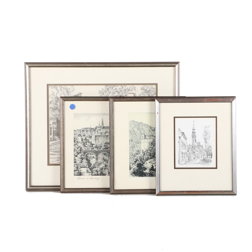 Four Lithographs on Paper Depicting European Cityscapes