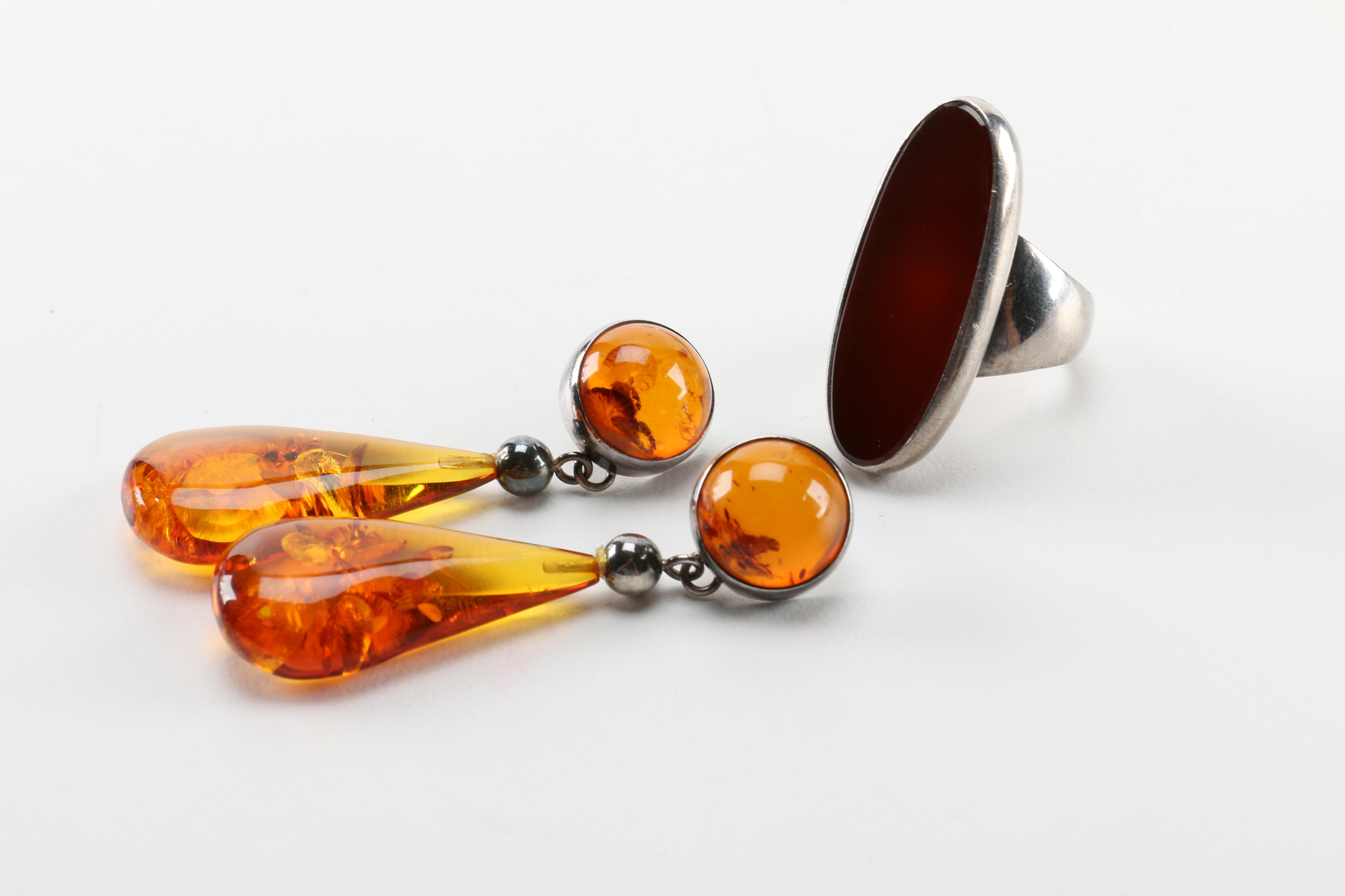 Sterling Silver Jewelry Including a Pair of Amber Earrings