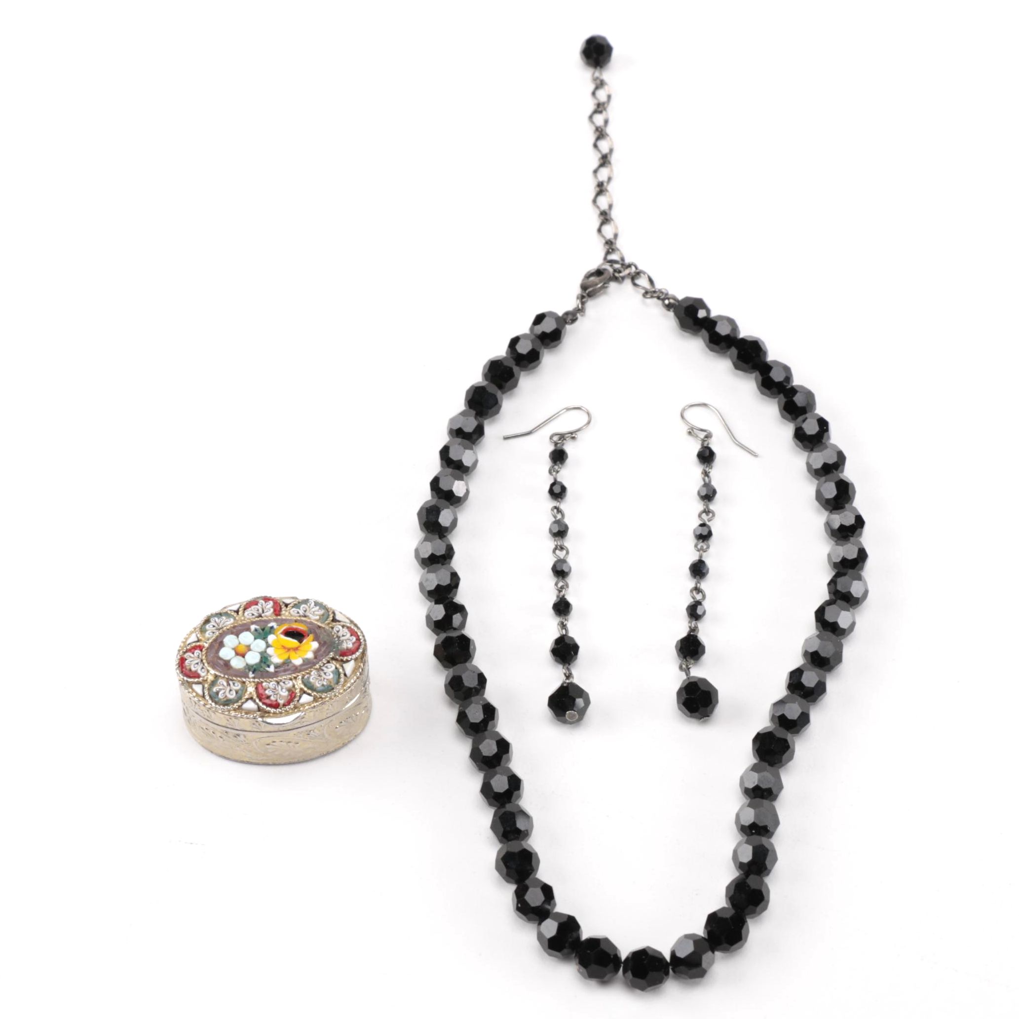 Glass Beaded Necklace and Earrings Set and Italian Trinket Box