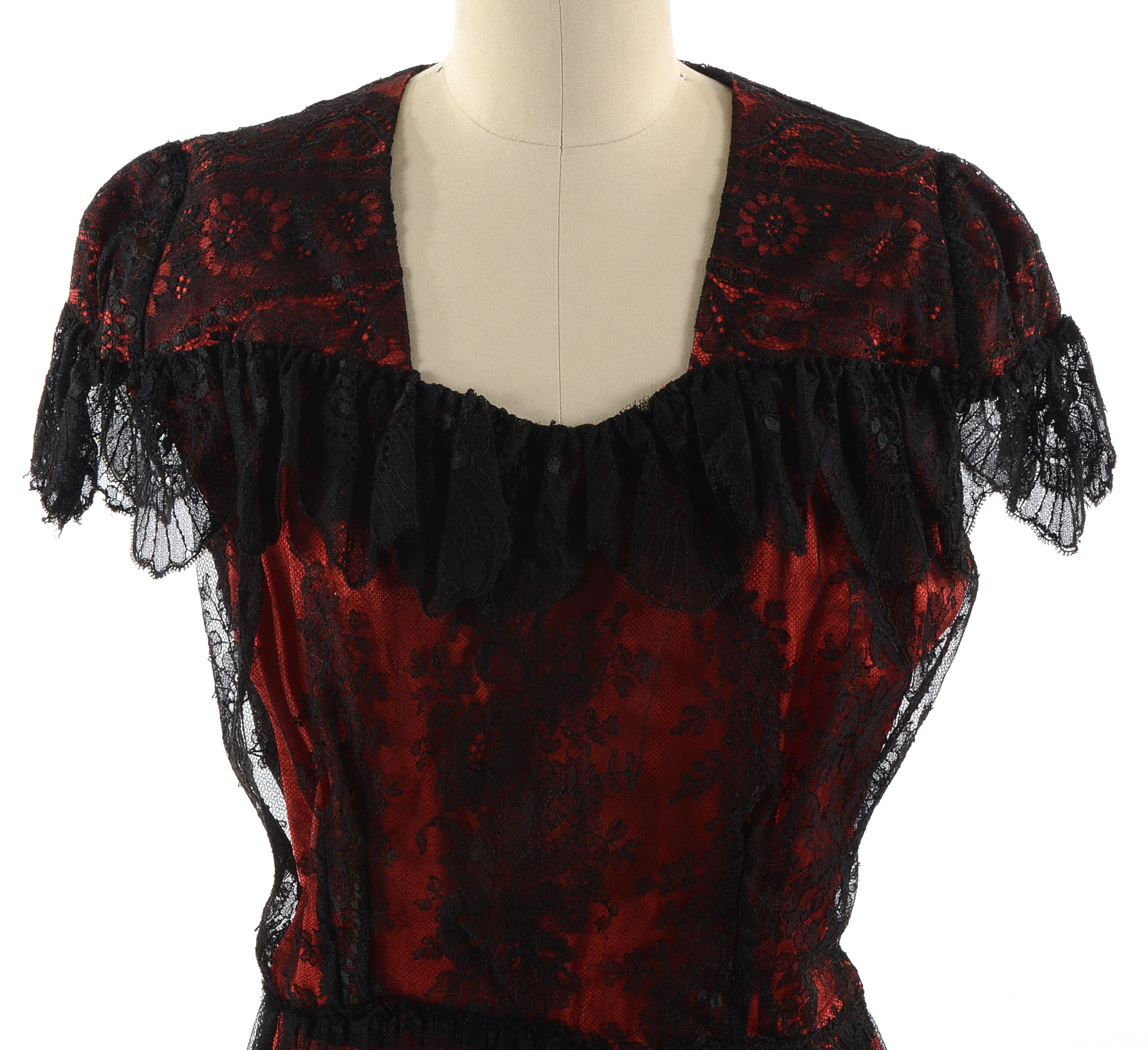 Circa 1930s Black and Red Lace Gown