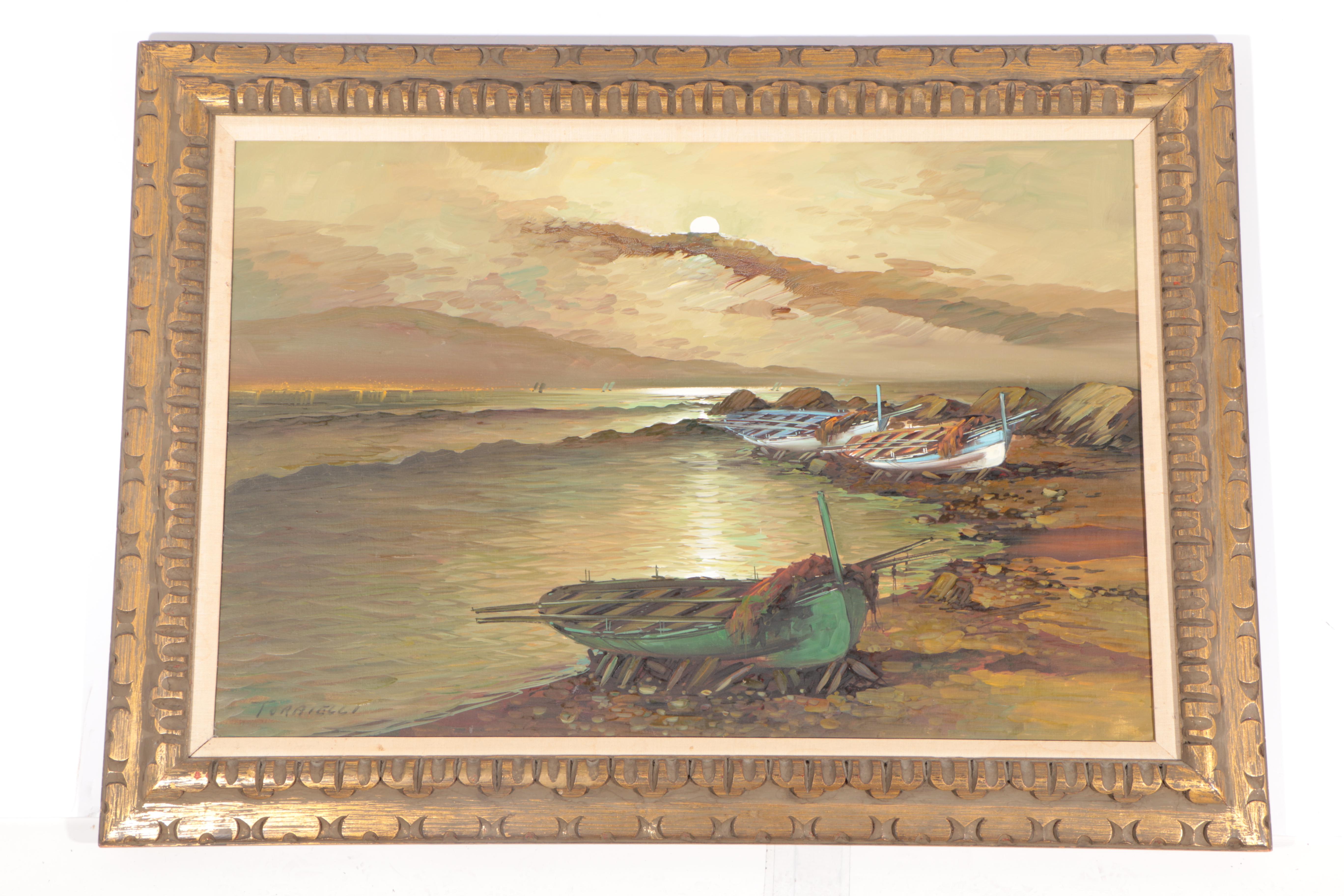 Torrielli Oil Painting of Boats on Rocky Shore