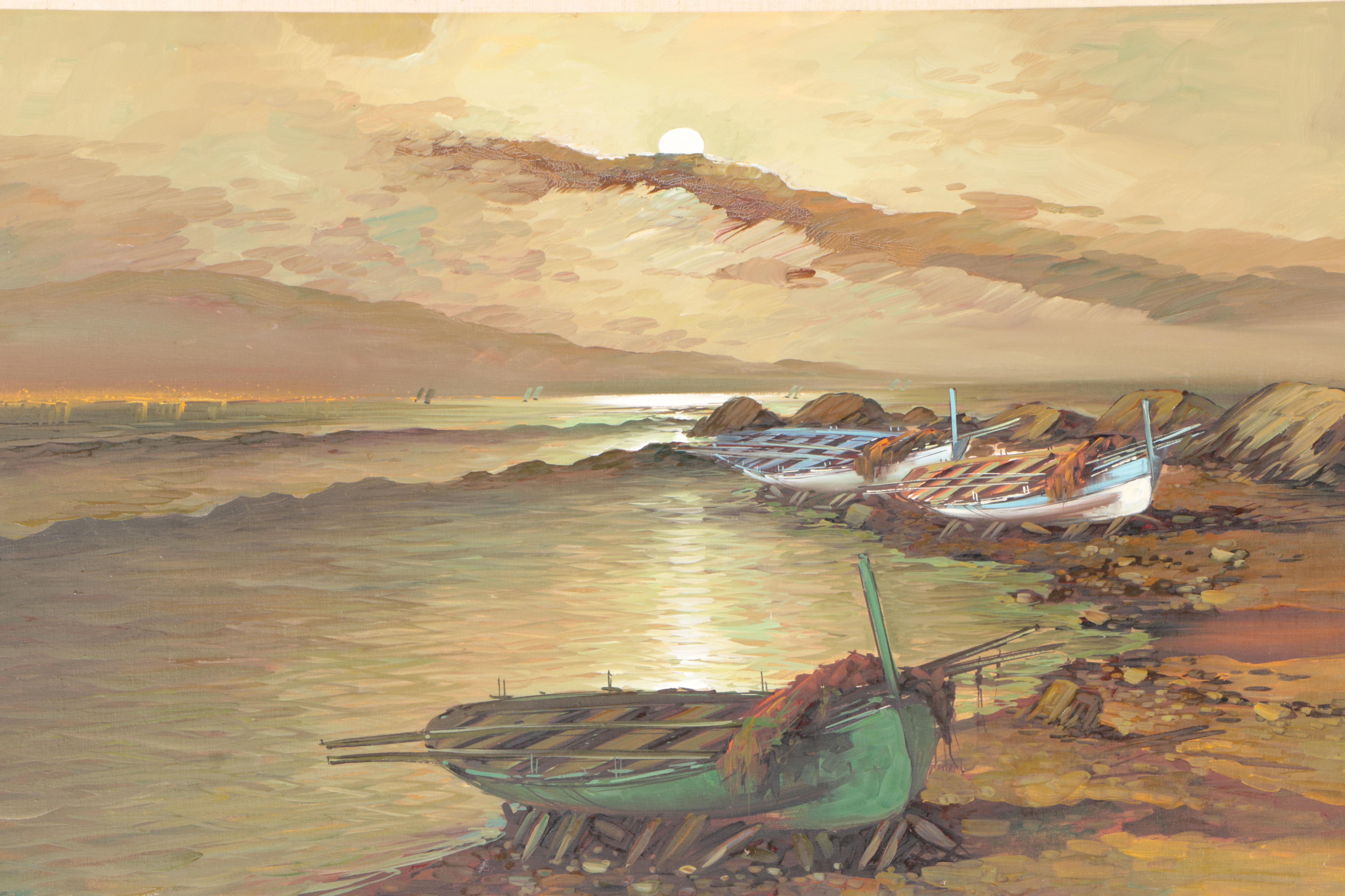Torrielli Oil Painting of Boats on Rocky Shore