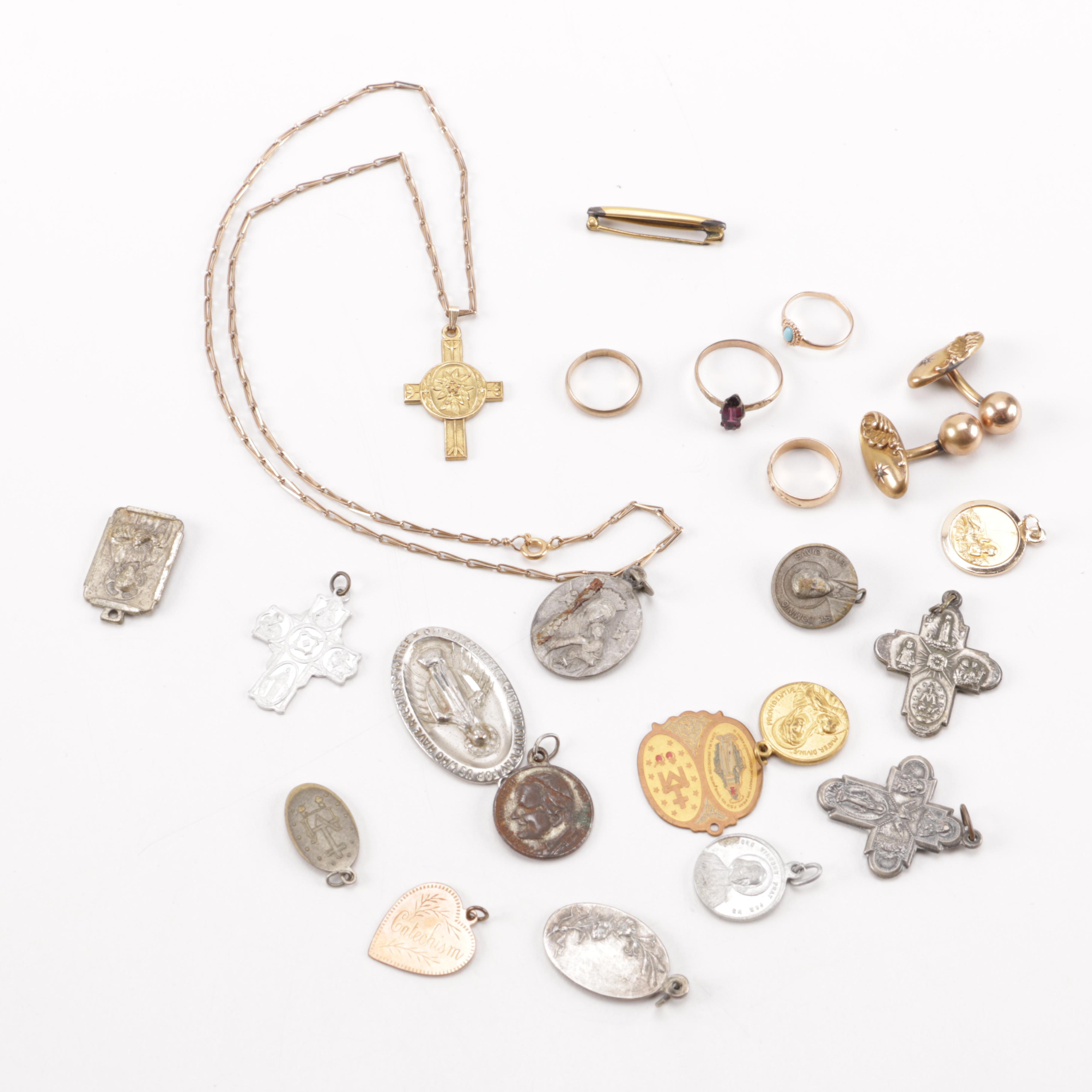 Vintage Costume Jewelry Including Religious Pendants and Diamonds