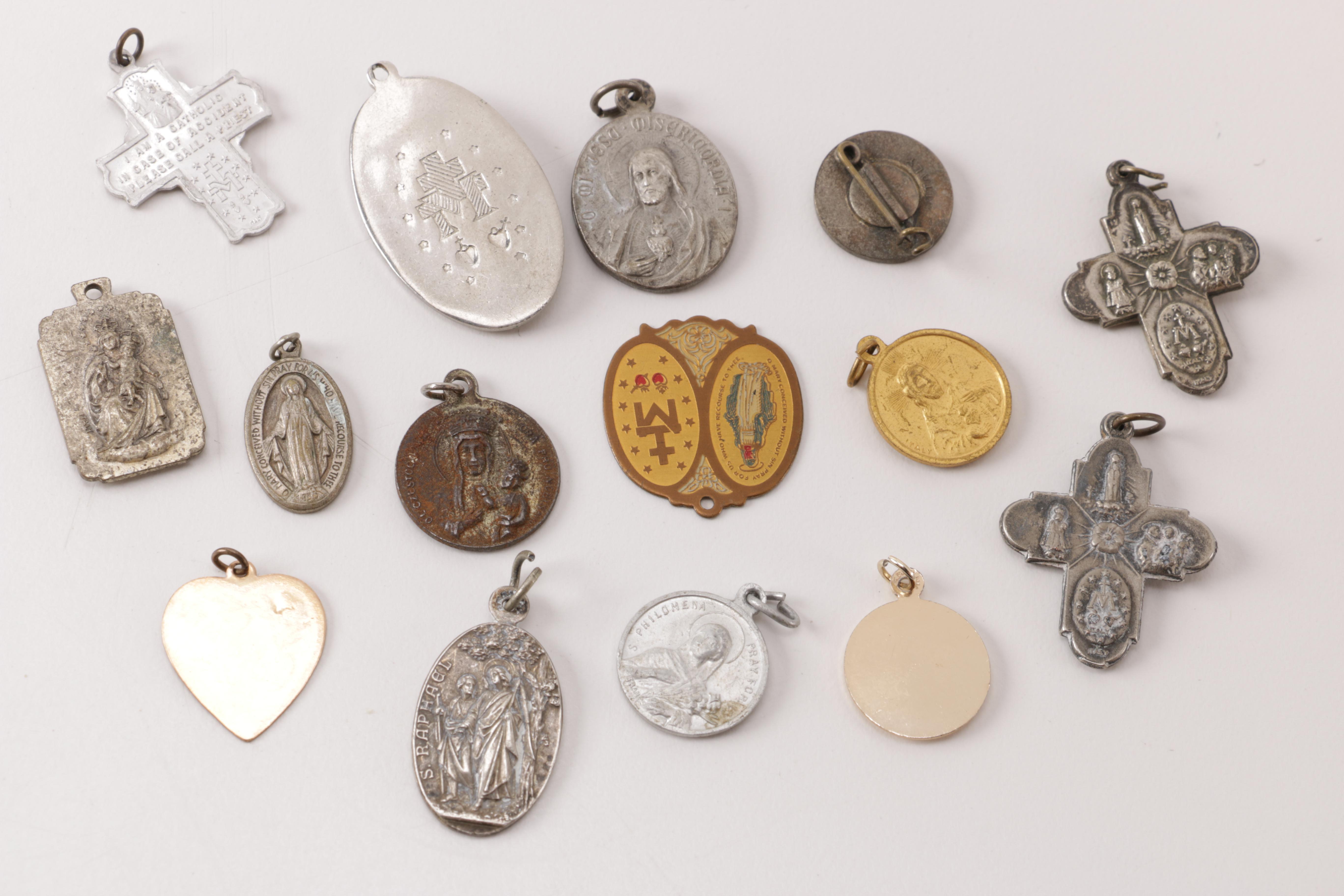 Vintage Costume Jewelry Including Religious Pendants and Diamonds